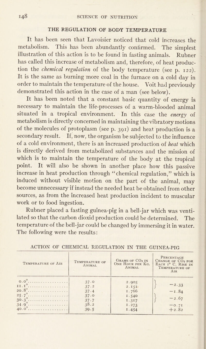 THE REGULATION OF BODY TEMPERATURE It has been seen that Lavoisier noticed that cold increases the metabolism. This has been abundantly conhrmed. The simplest illustration of this action is to be found in fasting animals. Rubner has called this increase of metabolism and, therefore, of heat produc- tion the chemical regulation of the body temperature (see p. 122). It is the same as burning more coal in the furnace on a cold day in order to maintain the temperature of the house. Voit had previously demonstrated this action in the case of a man (see below). It has been noted that a constant basic quantity of energy is necessary to maintain the life-processes of a warm-blooded animal situated in a tropical environment. In this case the energy of metabolism is directly concerned in maintaining the vibratory motions of the molecules of protoplasm (see p. 391) and heat production is a secondary result. If, now, the organism be subjected to the influence of a cold environment, there is an increased production of heat which is directly derived from metabolized substances and the mission of which is to maintain the temperature of the body at the tropical point. It will also be shown in another place how this passive increase in heat production through “ chemical regulation/' which is induced without visible motion on the part of the animal, may become unnecessary if instead the needed heat be obtained from other sources, as from the increased heat production incident to muscular work or to food ingestion. Rubner placed a fasting guinea-pig in a bell-jar which was venti- lated so that the carbon dioxid production could be determined. The temperature of the bell-jar could be changed by immersing it in water. The following were the results: ACTION OF CHEMICAL REGULATION IN THE GUINEA-PIG Percentage Temperature of Air Temperature of Animal Grams of CO2 in One Hour per Kg. Change of CO2 for Each i° C. Rise in Animal Temperature of Air 0.0° 37-0 2.905 \ f “2-33 11.1° 37-2 2 •151- 20.8° J 37-4 1.766 -1.84 25-7° 30-3° 37-o 37-7 1.540 I-3I7 / -2.67 34-9° 38.2 1.273 — 0.71 40.o° 39-5 1-454 T 2.82