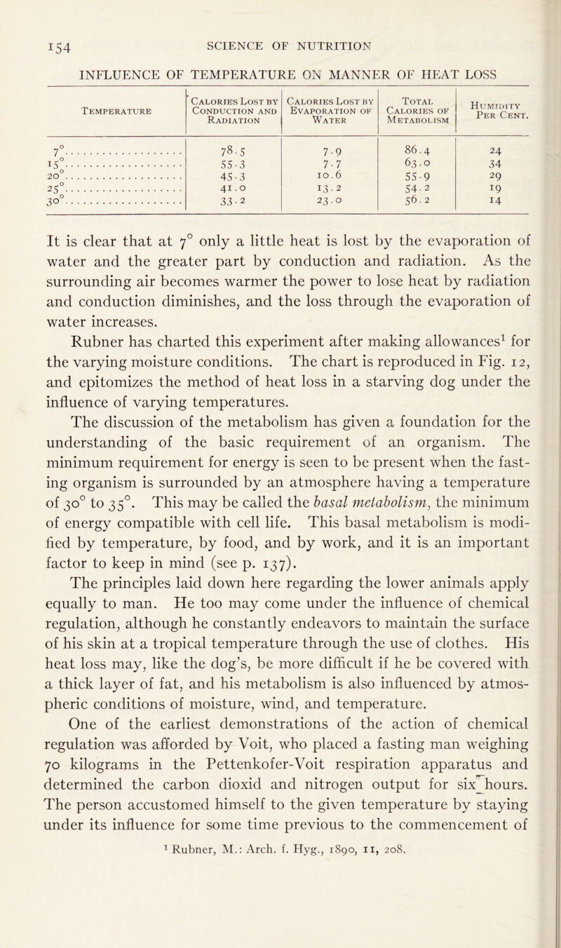 iS4 INFLUENCE OF TEMPERATURE ON MANNER OF HEAT LOSS Temperature Calories Lost by Conduction and Radiation Calories Lost by Evaporation of Water Total Calories of Metabolism Humidity Per Cent. 7° 78.5 7-9 86.4 24 iS° 55-3 7-7 63.0 34 20° 45-3 10.6 55-9 29 25° 41.0 13.2 54-2 19 30° 33-2 23.0 56.2 14 It is clear that at 70 only a little heat is lost by the evaporation of water and the greater part by conduction and radiation. As the surrounding air becomes warmer the power to lose heat by radiation and conduction diminishes, and the loss through the evaporation of water increases. Rubner has charted this experiment after making allowances1 for the varying moisture conditions. The chart is reproduced in Fig. 12, and epitomizes the method of heat loss in a starving dog under the influence of varying temperatures. The discussion of the metabolism has given a foundation for the understanding of the basic requirement of an organism. The minimum requirement for energy is seen to be present when the fast- ing organism is surrounded by an atmosphere having a temperature of 30° to 350. This may be called the basal metabolism, the minimum of energy compatible with cell life. This basal metabolism is modi- fied by temperature, by food, and by work, and it is an important factor to keep in mind (see p. 137). The principles laid down here regarding the lower animals apply equally to man. He too may come under the influence of chemical regulation, although he constantly endeavors to maintain the surface of his skin at a tropical temperature through the use of clothes. His heat loss may, like the dog’s, be more difficult if he be covered with a thick layer of fat, and his metabolism is also influenced by atmos- pheric conditions of moisture, wind, and temperature. One of the earliest demonstrations of the action of chemical regulation was afforded by Voit, who placed a fasting man weighing 70 kilograms in the Pettenkofer-Voit respiration apparatus and determined the carbon dioxid and nitrogen output for six hours. The person accustomed himself to the given temperature by staying under its influence for some time previous to the commencement of 1 Rubner, M.: Arch. f. Hyg., 1890, n, 208.