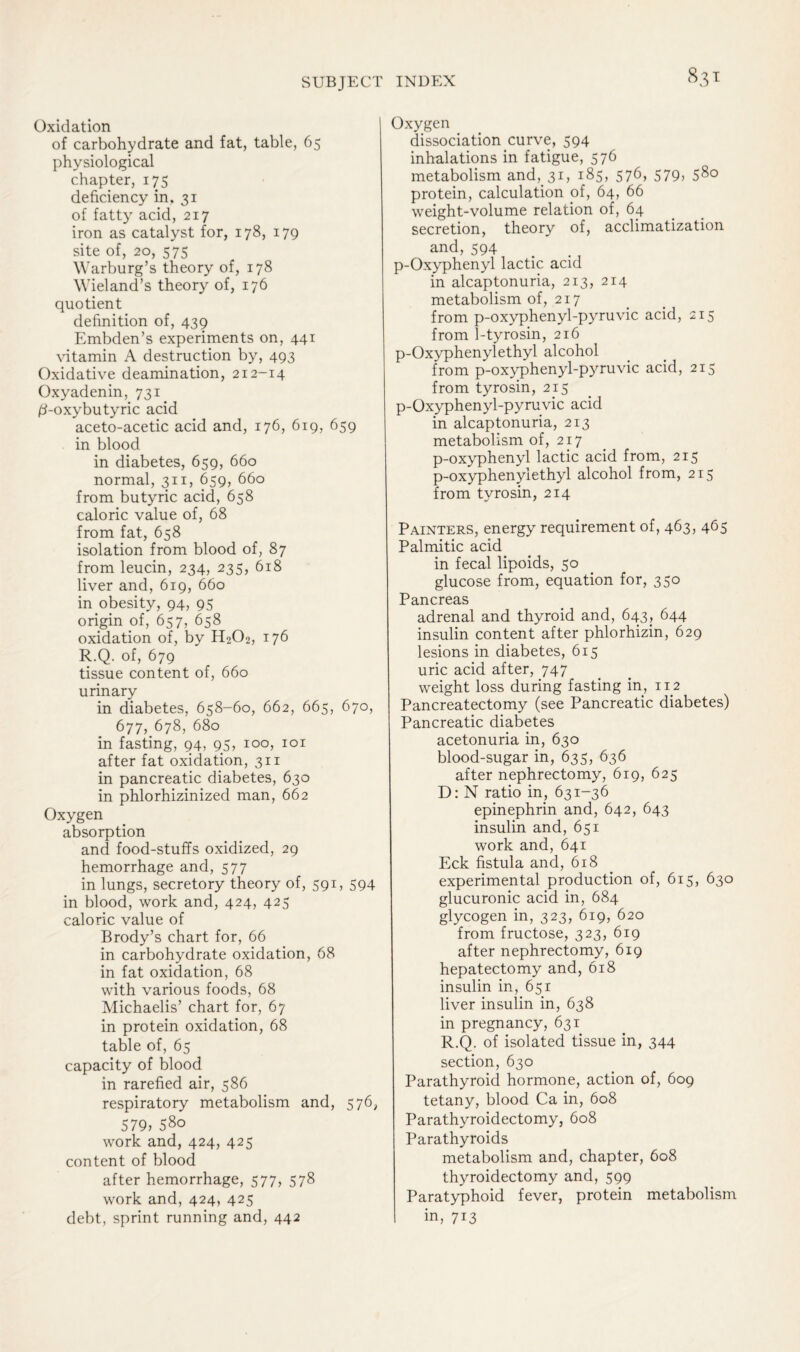 Oxidation of carbohydrate and fat, table, 65 physiological chapter, 175 deficiency in, 31 of fatty acid, 217 iron as catalyst for, 178, 179 site of, 20, 575 Warburg’s theory of, 178 Wieland’s theory of, 176 quotient definition of, 439 Embden’s experiments on, 441 vitamin A destruction by, 493 Oxidative deamination, 212-14 Oxyadenin, 731 /3-oxybutyric acid aceto-acetic acid and, 176, 619, 659 in blood in diabetes, 659, 660 normal, 311, 659, 660 from butyric acid, 658 caloric value of, 68 from fat, 658 isolation from blood of, 87 from leucin, 234, 235, 618 liver and, 619, 660 in obesity, 94, 95 origin of, 657, 658 oxidation of, by H202, 176 R.Q. of, 679 tissue content of, 660 urinary in diabetes, 658-60, 662, 665, 670, 677, 678, 680 in fasting, 94, 95, 100, 101 after fat oxidation, 311 in pancreatic diabetes, 630 in phlorhizinized man, 662 Oxygen absorption and food-stuffs oxidized, 29 hemorrhage and, 577 in lungs, secretory theory of, 591, 594 in blood, work and, 424, 425 caloric value of Brody’s chart for, 66 in carbohydrate oxidation, 68 in fat oxidation, 68 with various foods, 68 Michaelis’ chart for, 67 in protein oxidation, 68 table of, 65 capacity of blood in rarefied air, 586 respiratory metabolism and, 576, 579> 580 work and, 424, 425 content of blood after hemorrhage, 577, 578 work and, 424, 425 debt, sprint running and, 442 Oxygen dissociation curve, 594 inhalations in fatigue, 576 metabolism and, 31, 185, 576, 579, 580 protein, calculation of, 64, 66 weight-volume relation of, 64 secretion, theory of, acclimatization and, 594 p-Oxyphenyl lactic acid in alcaptonuria, 213, 214 metabolism of, 217 from p-oxyphenyl-pyruvic acid, 215 from 1-tyrosin, 216 p-Oxyphenylethyl alcohol from p-oxyphenyl-pyruvic acid, 215 from tyrosin, 215 p-Oxyphenyl-pyruvic acid in alcaptonuria, 213 metabolism of, 217 p-oxyphenyl lactic acid from, 215 p-oxyphenylethyl alcohol from, 215 from tyrosin, 214 Painters, energy requirement of, 463, 465 Palmitic acid in fecal lipoids, 50 glucose from, equation for, 350 Pancreas adrenal and thyroid and, 643, 644 insulin content after phlorhizin, 629 lesions in diabetes, 615 uric acid after, 747 weight loss during fasting in, 112 Pancreatectomy (see Pancreatic diabetes) Pancreatic diabetes acetonuria in, 630 blood-sugar in, 635, 636 after nephrectomy, 619, 625 D: N ratio in, 631-36 epinephrin and, 642, 643 insulin and, 651 work and, 641 Eck fistula and, 618 experimental production of, 615, 630 glucuronic acid in, 684 glycogen in, 323, 619, 620 from fructose, 323, 619 after nephrectomy, 619 hepatectomy and, 618 insulin in, 651 liver insulin in, 638 in pregnancy, 631 R.Q. of isolated tissue in, 344 section, 630 Parathyroid hormone, action of, 609 tetany, blood Ca in, 608 Parathyroidectomy, 608 Parathyroids metabolism and, chapter, 608 thyroidectomy and, 599 Paratyphoid fever, protein metabolism in, 713