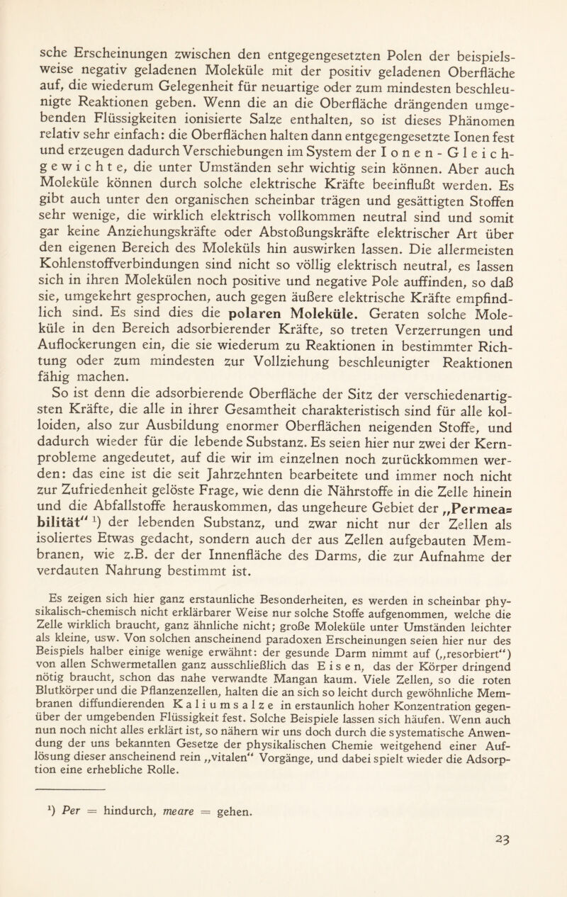 sehe Erscheinungen zwischen den entgegengesetzten Polen der beispiels- weise negativ geladenen Moleküle mit der positiv geladenen Oberfläche auf, die wiederum Gelegenheit für neuartige oder zum mindesten beschleu- nigte Reaktionen geben. Wenn die an die Oberfläche drängenden umge- benden Flüssigkeiten ionisierte Salze enthalten, so ist dieses Phänomen relativ sehr einfach: die Oberflächen halten dann entgegengesetzte Ionen fest und erzeugen dadurch Verschiebungen im System der Ionen-Gleich- gewichte, die unter Umständen sehr wichtig sein können. Aber auch Moleküle können durch solche elektrische Kräfte beeinflußt werden. Es gibt auch unter den organischen scheinbar trägen und gesättigten Stoffen sehr wenige, die wirklich elektrisch vollkommen neutral sind und somit gar keine Anziehungskräfte oder Abstoßungskräfte elektrischer Art über den eigenen Bereich des Moleküls hin auswirken lassen. Die allermeisten Kohlenstoffverbindungen sind nicht so völlig elektrisch neutral, es lassen sich in ihren Molekülen noch positive und negative Pole auffinden, so daß sie, umgekehrt gesprochen, auch gegen äußere elektrische Kräfte empfind- lich sind. Es sind dies die polaren Moleküle. Geraten solche Mole- küle in den Bereich adsorbierender Kräfte, so treten Verzerrungen und Auflockerungen ein, die sie wiederum zu Reaktionen in bestimmter Rich- tung oder zum mindesten zur Vollziehung beschleunigter Reaktionen fähig machen. So ist denn die adsorbierende Oberfläche der Sitz der verschiedenartig- sten Kräfte, die alle in ihrer Gesamtheit charakteristisch sind für alle kol- loiden, also zur Ausbildung enormer Oberflächen neigenden Stoffe, und dadurch wieder für die lebende Substanz* Es seien hier nur zwei der Kern- probleme angedeutet, auf die wir im einzelnen noch zurückkommen wer- den: das eine ist die seit Jahrzehnten bearbeitete und immer noch nicht Zur Zufriedenheit gelöste Frage, wie denn die Nährstoffe in die Zelle hinein und die Abfallstoffe herauskommen, das ungeheure Gebiet der „Permeas bilität x) der lebenden Substanz, und zwar nicht nur der Zellen als isoliertes Etwas gedacht, sondern auch der aus Zellen aufgebauten Mem- branen, wie z*B. der der Innenfläche des Darms, die zur Aufnahme der verdauten Nahrung bestimmt ist. Es zeigen sich hier ganz erstaunliche Besonderheiten, es werden in scheinbar phy- sikalisch-chemisch nicht erklärbarer Weise nur solche Stoffe aufgenommen, welche die Zelle wirklich braucht, ganz ähnliche nicht; große Moleküle unter Umständen leichter als kleine, usw. Von solchen anscheinend paradoxen Erscheinungen seien hier nur des Beispiels halber einige wenige erwähnt: der gesunde Darm nimmt auf („resorbiert“) von allen Schwermetallen ganz ausschließlich das Eisen, das der Körper dringend nötig braucht, schon das nahe verwandte Mangan kaum. Viele Zellen, so die roten Blutkörper und die Pflanzenzellen, halten die an sich so leicht durch gewöhnliche Mem- branen diffundierenden Kaliumsalze in erstaunlich hoher Konzentration gegen- über der umgebenden Flüssigkeit fest. Solche Beispiele lassen sich häufen. Wenn auch nun noch nicht alles erklärt ist, so nähern wir uns doch durch die systematische Anwen- dung der uns bekannten Gesetze der physikalischen Chemie weitgehend einer Auf- lösung dieser anscheinend rein „vitalen“ Vorgänge, und dabei spielt wieder die Adsorp- tion eine erhebliche Rolle. b Per — hindurch, meare = gehen.