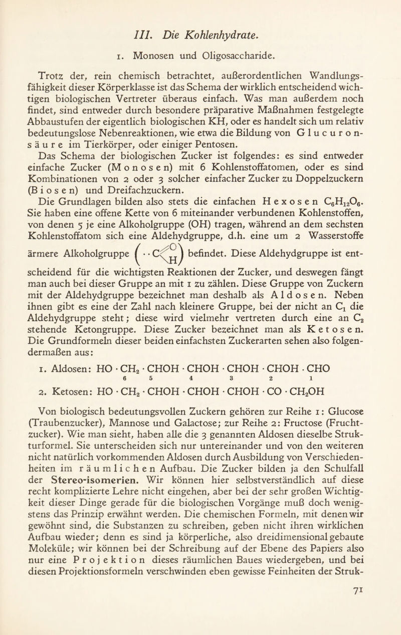 1IL Die Kohlenhydrate, i, Monosen und Oligosaccharide, Trotz der, rein chemisch betrachtet, außerordentlichen Wandlungs- fähigkeit dieser Körperklasse ist das Schema der wirklich entscheidend wich- tigen biologischen Vertreter überaus einfach. Was man außerdem noch findet, sind entweder durch besondere präparative Maßnahmen festgelegte Abbaustufen der eigentlich biologischen KH, oder es handelt sich um relativ bedeutungslose Nebenreaktionen, wie etwa die Bildung von Glucuron- säure im Tierkörper, oder einiger Pentosen, Das Schema der biologischen Zucker ist folgendes: es sind entweder einfache Zucker (M o n o s e n) mit 6 Kohlenstoffatomen, oder es sind Kombinationen von 2 oder 3 solcher einfacher Zucker zu Doppelzuckern (B i o s e n) und Dreifachzuckern, Die Grundlagen bilden also stets die einfachen H e x o s e n C6H1206, Sie haben eine offene Kette von 6 miteinander verbundenen Kohlenstoffen, von denen 5 je eine Alkoholgruppe (OH) tragen, während an dem sechsten Kohlenstoffatom sich eine Aldehydgruppe, d,h, eine um 2 Wasserstoffe ärmere Alkoholgruppe (■■<) befindet. Diese Aldehydgruppe ist ent- scheidend für die wichtigsten Reaktionen der Zucker, und deswegen fängt man auch bei dieser Gruppe an mit 1 zu zählen. Diese Gruppe von Zuckern mit der Aldehydgruppe bezeichnet man deshalb als A 1 d o s e n. Neben ihnen gibt es eine der Zahl nach kleinere Gruppe, bei der nicht an Q die Aldehydgruppe steht; diese wird vielmehr vertreten durch eine an C2 stehende Ketongruppe, Diese Zucker bezeichnet man als K e t o s e n. Die Grundformeln dieser beiden einfachsten Zuckerarten sehen also folgen- dermaßen aus: 1, Aldosen: HO • CH2 • CHOH • CHOH • CHOH • CHOH • CHO 6 5 4 3 2 1 2, Ketosen: HO • CH2 • CHOH • CHOH • CHOH • CO • CH2OH Von biologisch bedeutungsvollen Zuckern gehören zur Reihe 1: Glucose (Traubenzucker), Mannose und Galactose; zur Reihe 2: Fructose (Frucht- zucker), Wie man sieht, haben alle die 3 genannten Aldosen dieselbe Struk- turformel, Sie unterscheiden sich nur untereinander und von den weiteren nicht natürlich vorkommenden Aldosen durch Ausbildung von Verschieden- heiten im räumlichen Aufbau, Die Zucker bilden ja den Schulfall der Stereo-isomerien. Wir können hier selbstverständlich auf diese recht komplizierte Lehre nicht eingehen, aber bei der sehr großen Wichtig- keit dieser Dinge gerade für die biologischen Vorgänge muß doch wenig- stens das Prinzip erwähnt werden. Die chemischen Formeln, mit denen wir gewöhnt sind, die Substanzen zu schreiben, geben nicht ihren wirklichen Aufbau wieder; denn es sind ja körperliche, also dreidimensional gebaute Moleküle; wir können bei der Schreibung auf der Ebene des Papiers also nur eine Proj ektion dieses räumlichen Baues wiedergeben, und bei diesen Projektionsformeln verschwinden eben gewisse Feinheiten der Struk- 7i