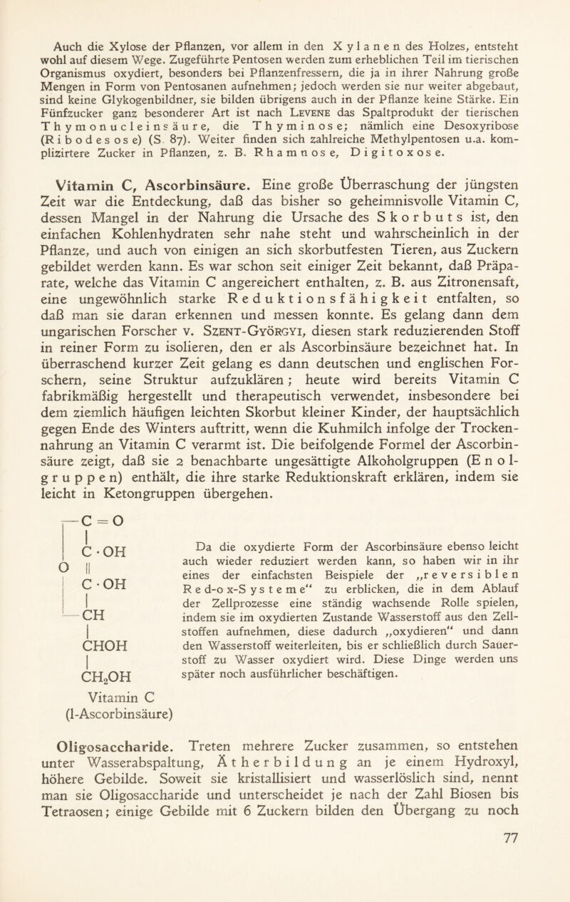 Auch die Xylose der Pflanzen, vor allem in den X y 1 a n e n des Holzes, entsteht wohl auf diesem Wege. Zugeführte Pentosen werden zum erheblichen Teil im tierischen Organismus oxydiert, besonders bei Pflanzenfressern, die ja in ihrer Nahrung große Mengen in Form von Pentosanen auf nehmen; jedoch werden sie nur weiter abgebaut, sind keine Glykogenbildner, sie bilden übrigens auch in der Pflanze keine Stärke. Ein Fünfzucker ganz besonderer Art ist nach Levene das Spaltprodukt der tierischen Thymonucleinsäure, die Thyminose; nämlich eine Desoxyribose (Ribodes ose) (S 87). Weiter finden sich zahlreiche Methylpentosen u.a. kom- plizirtere Zucker in Pflanzen, z. B. Rhamnose, Digitoxose. Vitamin C, Ascorbinsäure. Eine große Überraschung der jüngsten Zeit war die Entdeckung, daß das bisher so geheimnisvolle Vitamin C, dessen Mangel in der Nahrung die Ursache des Skorbuts ist, den einfachen Kohlenhydraten sehr nahe steht und wahrscheinlich in der Pflanze, und auch von einigen an sich skorbutfesten Tieren, aus Zuckern gebildet werden kann. Es war schon seit einiger Zeit bekannt, daß Präpa- rate, welche das Vitamin C angereichert enthalten, z. B. aus Zitronensaft, eine ungewöhnlich starke Reduktionsfähigkeit entfalten, so daß man sie daran erkennen und messen konnte. Es gelang dann dem ungarischen Forscher v. Szent-Györgyi, diesen stark reduzierenden Stoff in reiner Form zu isolieren, den er als Ascorbinsäure bezeichnet hat. In überraschend kurzer Zeit gelang es dann deutschen und englischen For- schern, seine Struktur aufzuklären; heute wird bereits Vitamin C fabrikmäßig hergestellt und therapeutisch verwendet, insbesondere bei dem ziemlich häufigen leichten Skorbut kleiner Kinder, der hauptsächlich gegen Ende des Winters auftritt, wenn die Kuhmilch infolge der Trocken- nahrung an Vitamin C verarmt ist. Die beifolgende Formel der Ascorbin- säure zeigt, daß sie 2 benachbarte ungesättigte Alkoholgruppen (Enol- gruppen) enthält, die ihre starke Reduktionskraft erklären, indem sie leicht in Ketongruppen übergehen. Da die oxydierte Form der Ascorbinsäure ebenso leicht auch wieder reduziert werden kann, so haben wir in ihr eines der einfachsten Beispiele der „reversiblen R e d-o x-Systeme zu erblicken, die in dem Ablauf der Zellprozesse eine ständig wachsende Rolle spielen, indem sie im oxydierten Zustande Wasserstoff aus den Zell- stoffen aufnehmen, diese dadurch „oxydieren“ und dann den Wasserstoff weiterleiten, bis er schließlich durch Sauer- stoff zu Wasser oxydiert wird. Diese Dinge werden uns später noch ausführlicher beschäftigen. (1-Ascorbinsäure) Oligosaccharide. Treten mehrere Zucker zusammen, so entstehen unter Wasserabspaltung, Ätherbildung an je einem Hydroxyl, höhere Gebilde. Soweit sie kristallisiert und wasserlöslich sind, nennt man sie Oligosaccharide und unterscheidet je nach der Zahl Biosen bis Tetraosen; einige Gebilde mit 6 Zuckern bilden den Übergang zu noch — C = 0 I C - OH o || C - OH I — CH CHOH CH2OH Vitamin C