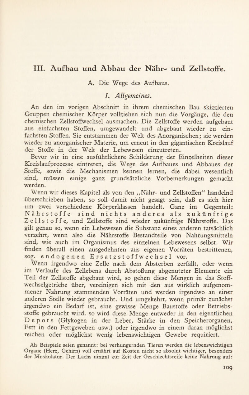 IIL Aufbau und Abbau der Nähi> und Zellstoffe. A. Die Wege des Aufbaus. L Allgemeines. An den im vorigen Abschnitt in ihrem chemischen Bau skizzierten Gruppen chemischer Körper vollziehen sich nun die Vorgänge, die den chemischen Zellstoffwechsel ausmachen. Die Zellstoffe werden aufgebaut aus einfachsten Stoffen, umgewandelt und abgebaut wieder zu ein- fachsten Stoffen. Sie entstammen der Welt des Anorganischen; sie werden wieder zu anorganischer Materie, um erneut in den gigantischen Kreislauf der Stoffe in der Welt der Lebewesen einzutreten. Bevor wir in eine ausführlichere Schilderung der Einzelheiten dieser Kreislaufprozesse eintreten, die Wege des Aufbaues und Abbaues der Stoffe, sowie die Mechanismen kennen lernen, die dabei wesentlich sind, müssen einige ganz grundsätzliche Vorbemerkungen gemacht werden. Wenn wir dieses Kapitel als von den „Nähr- und Zellstoffen“ handelnd überschrieben haben, so soll damit nicht gesagt sein, daß es sich hier um zwei verschiedene Körperklassen handelt. Ganz im Gegenteil: Nährstoffe sind nichts anderes als zukünftige Zellstoffe, und Zellstoffe sind wieder zukünftige Nährstoffe. Das gilt genau so, wenn ein Lebewesen die Substanz eines anderen tatsächlich verzehrt, wenn also die Nährstoffe Bestandteile von Nahrungsmitteln sind, wie auch im Organismus des einzelnen Lebewesens selbst. Wir finden überall einen ausgedehnten aus eigenen Vorräten bestrittenen, sog. endogenen Ersatzstoffwechsel vor. Wenn irgendwo eine Zelle nach dem Absterben zerfällt, oder wenn im Verlaufe des Zellebens durch Abstoßung abgenutzter Elemente ein Teil der Zellstoffe abgebaut wird, so gehen diese Mengen in das Stoff- wechselgetriebe über, vereinigen sich mit den aus wirklich aufgenom- mener Nahrung stammenden Vorräten und werden irgendwo an einer anderen Stelle wieder gebraucht. Und umgekehrt, wenn primär zunächst irgendwo ein Bedarf ist, eine gewisse Menge Baustoffe oder Betriebs- stoffe gebraucht wird, so wird diese Menge entweder in den eigentlichen Depots (Glykogen in der Leber, Stärke in den Speicherorganen, Fett in den Fettgeweben usw.) oder irgendwo in einem daran möglichst reichen oder möglichst wenig lebenswichtigen Gewebe requiriert. Als Beispiele seien genannt: bei verhungernden Tieren werden die lebenswichtigen Organe (Herz, Gehirn) voll ernährt auf Kosten nicht so absolut wichtiger, besonders der Muskulatur. Der Lachs nimmt zur Zeit der Geschlechtsreife keine Nahrung auf: