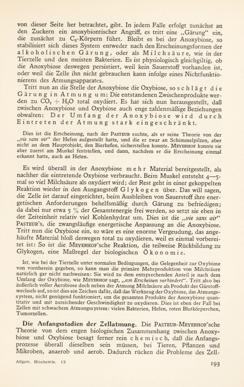 von dieser Seite her betrachtet, gibt. In jedem Falle erfolgt zunächst an den Zuckern ein anoxybiontischer Angriff, es tritt eine „Gärung“ ein, die zunächst zu C3-Körpern führt. Bleibt es bei der Anoxybiose, so stabilisiert sich dieses System entweder nach den Erscheinungsformen der alkoholischen Gärung, oder als Milchsäure, wie in der Tierzelle und den meisten Bakterien, Es ist physiologisch gleichgiltig, ob die Anoxybiose deswegen persistiert, weil kein Sauerstoff vorhanden ist, oder weil die Zelle ihn nicht gebrauchen kann infolge eines Nichtfunktio- nierens des Atmungsapparates, Tritt nun an die Stelle der Anoxybiose die Oxybiose, so schlägt die Gärung in Atmung um: Die entstandenen Zwischenprodukte wer- den zu C02 -f H20 total oxydiert. Es hat sich nun herausgestellt, daß zwischen Anoxybiose und Oxybiose auch enge zahlenmäßige Beziehungen obwalten: Der Umfang der Anoxybiose wird durch Eintreten der Atmung stark eingeschränkt. Dies ist die Erscheinung, nach der Pasteur suchte, als er seine Theorie von der „vie sans air** der Hefen aufgestellt hatte, und die er zwar an Schimmelpilzen, aber nicht an dem Hauptobjekt, den Bierhefen, sicherstellen konnte. Meyerhof konnte sie aber zuerst am Muskel feststellen, und dann, nachdem er die Erscheinung einmal erkannt hatte, auch an Hefen. Es wird überall in der Anoxybiose mehr Material bereitgestellt, als nachher die eintretende Oxybiose verbraucht. Beim Muskel entsteht 4—5- mal so viel Milchsäure als oxydiert wird; der Rest geht in einer gekoppelten Reaktion wieder in den Ausgangstoff Glykogen über. Das will sagen, die Zelle ist darauf eingerichtet, beim Ausbleiben von Sauerstoff ihre ener- getischen Anforderungen behelfsmäßig durch Gärung zu befriedigen; da dabei nur etwa 5 % der Gesamtenergie frei werden, so setzt sie eben in der Zeiteinheit relativ viel Kohlenhydrat um. Dies ist die >,vie sans air** Pasteur's, die zwangsläufige energetische Anpassung an die Anoxybiose. Tritt nun die Oxybiose ein, so wäre es eine enorme Vergeudung, das ange- häufte Material bloß deswegen total zu oxydieren, weil es einmal vorberei- tet ist: So ist die MEYERHOF'sche Reaktion, die teilweise Rückbildung zu Glykogen, eine Maßregel der biologischen Ökonomie. Ist, wie bei der Tierzelle unter normalen Bedingungen, die Gelegenheit zur Oxybiose von vornherein gegeben, so kann man die primäre Mehrproduktion von Milchsäure natürlich gar nicht nachweisen: Sie wird zu dem entsprechenden Anteil je nach dem Umfang der Oxybiose, wie Meyerhof sagt, „am Erscheinen verhindert“. Tritt also bei äußerlich voller Aerobiose doch neben der Atmung Milchsäure als Produkt des Gärstoff- wechsels auf, so ist dies ein Zeichen dafür, daß das Werkzeug der Oxybiose, das Atmungs- system, nicht genügend funktioniert, um die gesamten Produkte der Anoxybiose quan- titativ und mit zureichender Geschwindigkeit zu oxydieren. Dies ist eben der Fall bei Zellen mit schwachem Atmungssystem: vielen Bakterien, Hefen, roten Blutkörperchen, Tumorzeilen. Die Anfangsstadien der Zellatmung. Die Pasteur-MEYERHOF'sche Theorie von dem engen biologischen Zusammenhang zwischen Anoxy- biose und Oxybiose besagt ferner rein chemisch, daß die Anfangs- prozesse überall dieselben sein müssen, bei Tieren, Pflanzen und Mikroben, anaerob und aerob. Dadurch rücken die Probleme des Zell- Allgem. Biochemie. 13