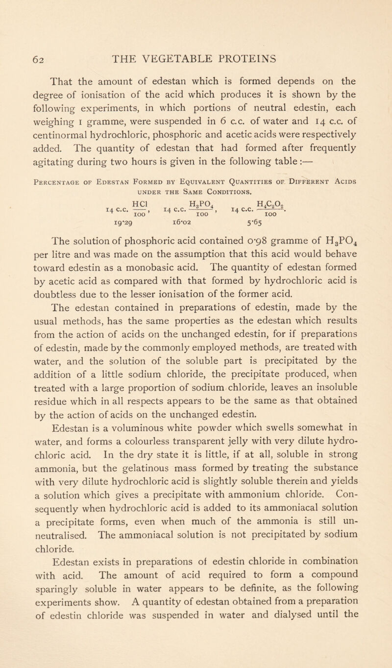 That the amount of edestan which is formed depends on the degree of ionisation of the acid which produces it is shown by the following experiments, in which portions of neutral edestin, each weighing I gramme, were suspended in 6 c.c. of water and 14 c.c. of centinormal hydrochloric, phosphoric and acetic acids were respectively added. The quantity of edestan that had formed after frequently agitating during two hours is given in the following table:— Percentage of Edestan Formed by Equivalent Quantities of Different Acids UNDER THE SAME CONDITIONS. 14 19*29 HC1 100 14 c.c. h3po4 IOO 14 c.c. h4c2o2 IOO 10*02 5*65 The solution of phosphoric acid contained 0*98 gramme of H3P04 per litre and was made on the assumption that this acid would behave toward edestin as a monobasic acid. The quantity of edestan formed by acetic acid as compared with that formed by hydrochloric acid is doubtless due to the lesser ionisation of the former acid. The edestan contained in preparations of edestin, made by the usual methods, has the same properties as the edestan which results from the action of acids on the unchanged edestin, for if preparations of edestin, made by the commonly employed methods, are treated with water, and the solution of the soluble part is precipitated by the addition of a little sodium chloride, the precipitate produced, when treated with a large proportion of sodium chloride, leaves an insoluble residue which in all respects appears to be the same as that obtained by the action of acids on the unchanged edestin. Edestan is a voluminous white powder which swells somewhat in water, and forms a colourless transparent jelly with very dilute hydro- chloric acid. In the dry state it is little, if at all, soluble in strong ammonia, but the gelatinous mass formed by treating the substance with very dilute hydrochloric acid is slightly soluble therein and yields a solution which gives a precipitate with ammonium chloride. Con- sequently when hydrochloric acid is added to its ammoniacal solution a precipitate forms, even when much of the ammonia is still un- neutralised. The ammoniacal solution is not precipitated by sodium chloride. Edestan exists in preparations of edestin chloride in combination with acid. The amount of acid required to form a compound sparingly soluble in water appears to be definite, as the following experiments show. A quantity of edestan obtained from a preparation of edestin chloride was suspended in water and dialysed until the