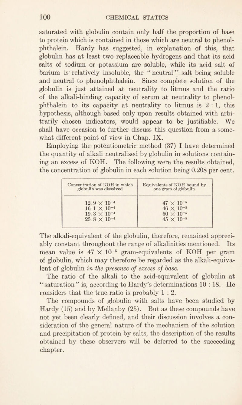 saturated with globulin contain only half the proportion of base to protein which is contained in those which are neutral to phenol- phthalein. Hardy has suggested, in explanation of this, that globulin has at least two replaceable hydrogens and that its acid salts of sodium or potassium are soluble, while its acid salt of barium is relatively insoluble, the “ neutralsalt being soluble and neutral to phenolphthalein. Since complete solution of the globulin is just attained at neutrality to litmus and the ratio of the alkali-binding capacity of serum at neutrality to phenol- phthalein to its capacity at neutrality to litmus is 2:1, this hypothesis, although based only upon results obtained with arbi- trarily chosen indicators, would appear to be justifiable. We shall have occasion to further discuss this question from a some- what different point of view in Chap. IX. Employing the potentiometric method (37) I have determined the quantity of alkali neutralized by globulin in solutions contain- ing an excess of KOH. The following were the results obtained, the concentration of globulin in each solution being 0.208 per cent. Concentration of KOH in which Equivalents of KOH bound by globulin was dissolved one gram of globulin 12.9 X 10~4 47 X 10~5 16.1 X 10~4 46 X 10~5 19.3 X 10~4 50 X 10~5 25.8 X 10~4 45 X 10~5 The alkali-equivalent of the globulin, therefore, remained appreci- ably constant throughout the range of alkalinities mentioned. Its mean value is 47 X 10-5 gram-equivalents of KOH per gram of globulin, which may therefore be regarded as the alkali-equiva- lent of globulin in the presence of excess of base. The ratio of the alkali to the acid-equivalent of globulin at “saturation’7 is, according to Hardy’s determinations 10 : 18. He considers that the true ratio is probably 1 : 2. The compounds of globulin with salts have been studied by Hardy (15) and by Mellanby (25). But as these compounds have not yet been clearly defined, and their discussion involves a con- sideration of the general nature of the mechanism of the solution and precipitation of protein by salts, the description of the results obtained by these observers will be deferred to the succeeding chapter.