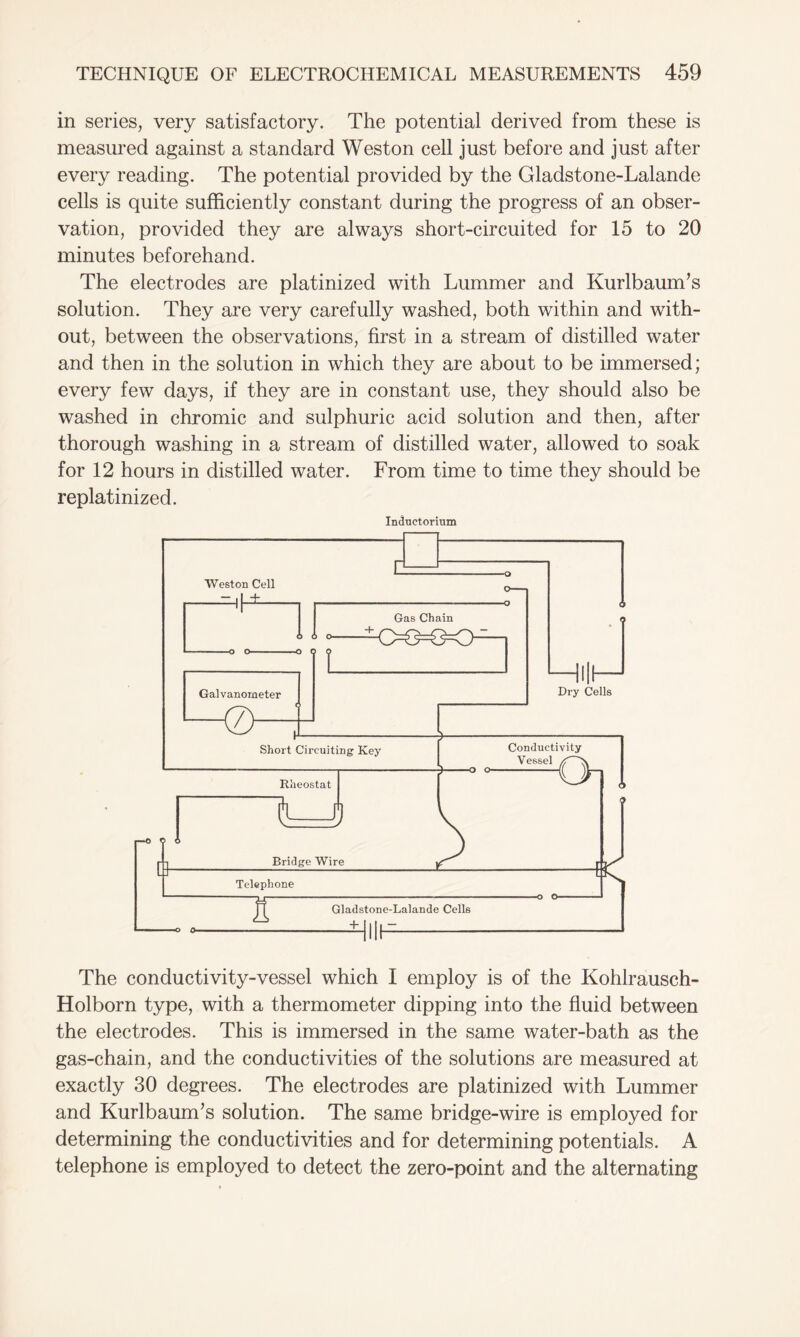 in series, very satisfactory. The potential derived from these is measured against a standard Weston cell just before and just after every reading. The potential provided by the Gladstone-Lalande cells is quite sufficiently constant during the progress of an obser- vation, provided they are always short-circuited for 15 to 20 minutes beforehand. The electrodes are platinized with Lummer and Kurlbaum’s solution. They are very carefully washed, both within and with- out, between the observations, first in a stream of distilled water and then in the solution in which they are about to be immersed; every few days, if they are in constant use, they should also be washed in chromic and sulphuric acid solution and then, after thorough washing in a stream of distilled water, allowed to soak for 12 hours in distilled water. From time to time they should be replatinized. Inductorium The conductivity-vessel which I employ is of the Kohlrausch- Holborn type, with a thermometer dipping into the fluid between the electrodes. This is immersed in the same water-bath as the gas-chain, and the conductivities of the solutions are measured at exactly 30 degrees. The electrodes are platinized with Lummer and Kurlbaum’s solution. The same bridge-wire is employed for determining the conductivities and for determining potentials. A telephone is employed to detect the zero-point and the alternating