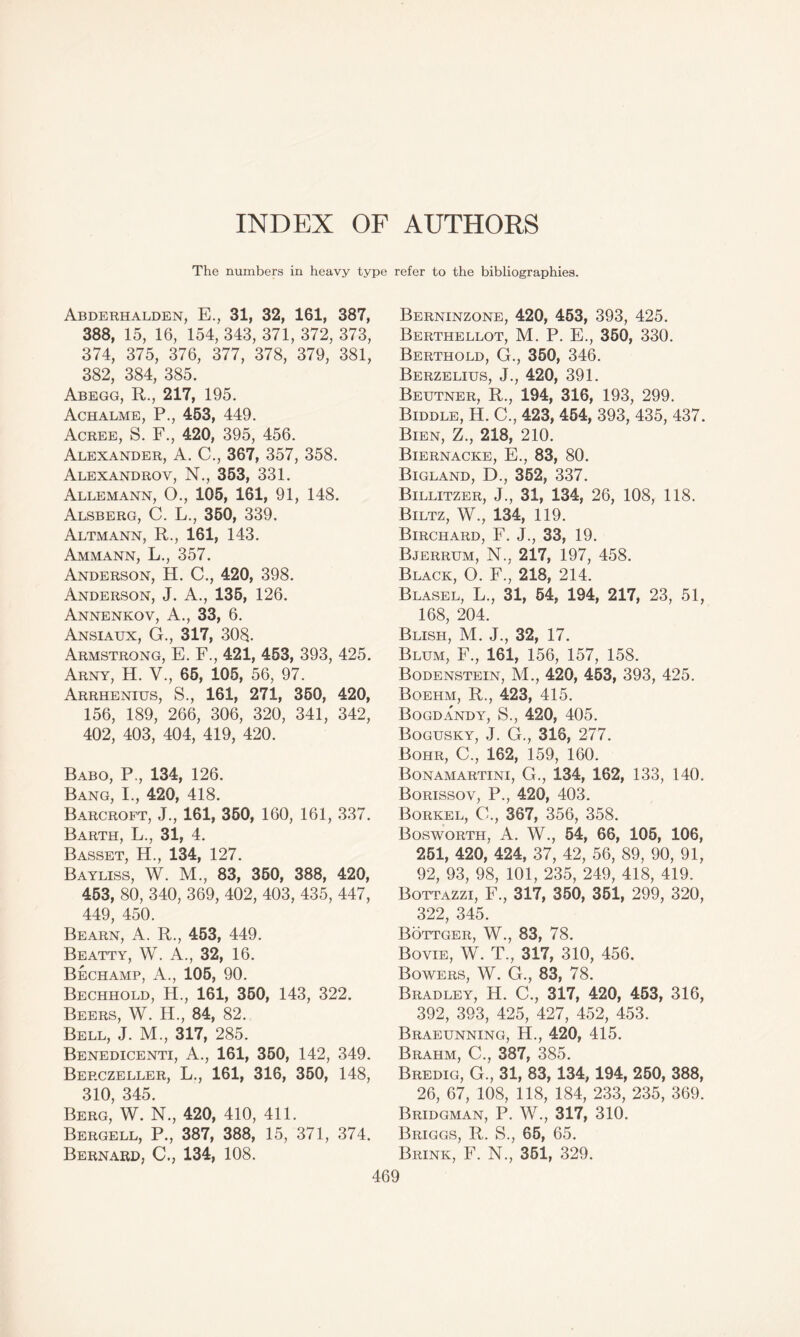 INDEX OF AUTHORS The numbers in heavy type refer to the bibliographies. Abderhalden, E., 31, 32, 161, 387, 388, 15, 16, 154, 343, 371, 372, 373, 374, 375, 376, 377, 378, 379, 381, 382, 384, 385. Abegg, R., 217, 195. Achalme, P., 453, 449. Acree, S. F., 420, 395, 456. Alexander, A. C., 367, 357, 358. Alexandrov, N., 353, 331. Allemann, O., 105, 161, 91, 148. Alsberg, C. L., 350, 339. Altmann, R., 161, 143. Ammann, L., 357. Anderson, H. C., 420, 398. Anderson, J. A., 135, 126. Annenkov, A., 33, 6. Ansiaux, G., 317, 308. Armstrong, E. F., 421, 453, 393, 425. Arny, H. V., 65, 105, 56, 97. Arrhenius, S., 161, 271, 350, 420, 156, 189, 266, 306, 320, 341, 342, 402, 403, 404, 419, 420. Babo, P., 134, 126. Bang, I., 420, 418. Barcroft, J., 161, 350, 160, 161, 337. Barth, L., 31, 4. Basset, H., 134, 127. Bayliss, W. M., 83, 350, 388, 420, 453, 80, 340, 369, 402, 403, 435, 447, 449, 450. Bearn, A. R., 453, 449. Beatty, W. A., 32, 16. Bechamp, A., 105, 90. Bechhold, H., 161, 350, 143, 322. Beers, W. H., 84, 82. Bell, J. M., 317, 285. Benedicenti, A., 161, 350, 142, 349. Berczeller, L., 161, 316, 350, 148, 310, 345. Berg, W. N., 420, 410, 411. Bergell, P., 387, 388, 15, 371, 374. Bernard, C., 134, 108. Berninzone, 420, 453, 393, 425. Berthellot, M. P. E., 350, 330. Berthold, G., 350, 346. Berzelius, J., 420, 391. Beutner, R., 194, 316, 193, 299. Biddle, H. C., 423, 454, 393, 435, 437. Bien, Z., 218, 210. Biernacke, E., 83, 80. Bigland, D., 352, 337. Billitzer, J., 31, 134, 26, 108, 118. Biltz, W., 134, 119. Birchard, F. J., 33, 19. Bjerrum, N., 217, 197, 458. Black, O. F., 218, 214. Blasel, L., 31, 54, 194, 217, 23, 51, 168, 204. Blish, M. J., 32, 17. Blum, F., 161, 156, 157, 158. Bodenstein, M., 420, 453, 393, 425. Boehm, R., 423, 415. Bogdandy, S., 420, 405. Bogusky, J. G., 316, 277. Bohr, C., 162, 159, 160. Bonamartini, G., 134, 162, 133, 140. Borissov, P., 420, 403. Borkel, C., 367, 356, 358. Bosworth, A. W., 54, 66, 105, 106, 251, 420, 424, 37, 42, 56, 89, 90, 91, 92, 93, 98, 101, 235, 249, 418, 419. Bottazzi, F., 317, 350, 351, 299, 320, 322, 345. Bottger, W., 83, 78. Bovie, W. T., 317, 310, 456. Bowers, W. G., 83, 78. Bradley, H. C., 317, 420, 453, 316, 392, 393, 425, 427, 452, 453. Braeunning, H., 420, 415. Brahm, C., 387, 385. Bredig, G., 31, 83, 134,194, 250, 388, 26, 67, 108, 118, 184, 233, 235, 369. Bridgman, P. W., 317, 310. Briggs, R. S., 65, 65. Brink, F. N., 351, 329.