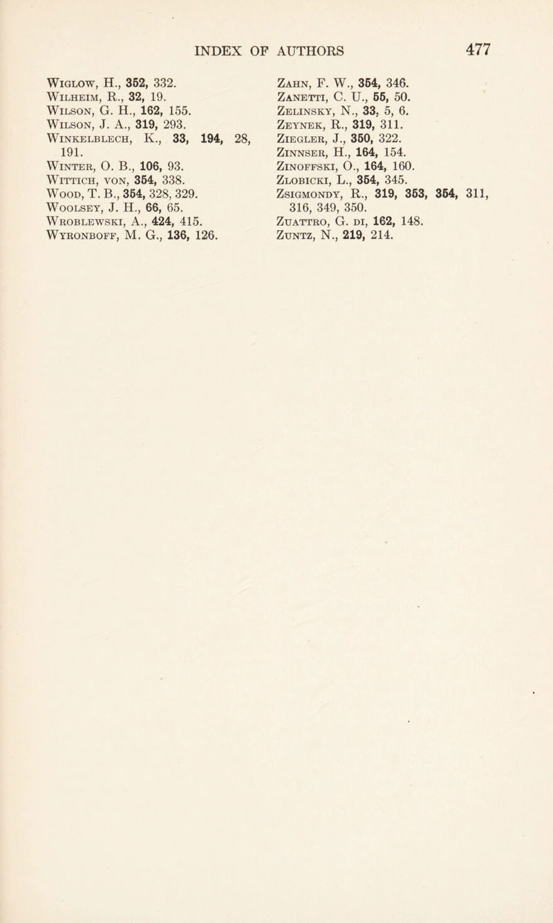 Wiglow, H., 352, 332. Wilheim, R., 32, 19. Wilson, G. H., 162, 155. Wilson, J. A., 319, 293. Winkelblech, K., 33, 194, 28, 191. Winter, O. B., 106, 93. Wittich, von, 354, 338. Wood, T. B., 354, 328, 329. Woolsey, J. H., 66, 65. Wroblewski, A., 424, 415. Zahn, F. W., 354, 346. Zanetti, C. U., 55, 50. Zelinsky, N., 33, 5, 6. Zeynek, R., 319, 311. Ziegler, J., 350, 322. Zinnser, H., 164, 154. Zinoffski, O., 164, 160. Zlobicki, L., 354, 345. Zsigmondy, R., 319, 353, 364, 311, 316, 349, 350. Zuattro, G. DI, 162, 148.