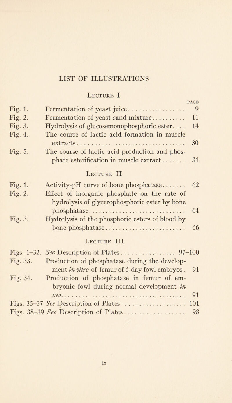 LIST OF ILLUSTRATIONS Lecture I PAGE Fig. 1. Fermentation of yeast juice 9 Fig. 2. Fermentation of yeast-sand mixture 11 Fig. 3. Hydrolysis of glucosemonophosphoric ester. ... 14 Fig. 4. The course of lactic acid formation in muscle extracts 30 Fig. 5. The course of lactic acid production and phos- phate esterification in muscle extract 31 Lecture II Fig. 1. Activity-pH curve of bone phosphatase 62 Fig. 2. Effect of inorganic phosphate on the rate of hydrolysis of glycerophosphoric ester by bone phosphatase 64 Fig. 3. Hydrolysis of the phosphoric esters of blood by bone phosphatase 66 Lecture III Figs. 1-32. See Description of Plates 97-100 Fig. 33. Production of phosphatase during the develop- ment in vitro of femur of 6-day fowl embryos. 91 Fig. 34. Production of phosphatase in femur of em- bryonic fowl during normal development in ovo 91 Figs. 35-37 See Description of Plates 101 Figs. 38-39 See Description of Plates 98