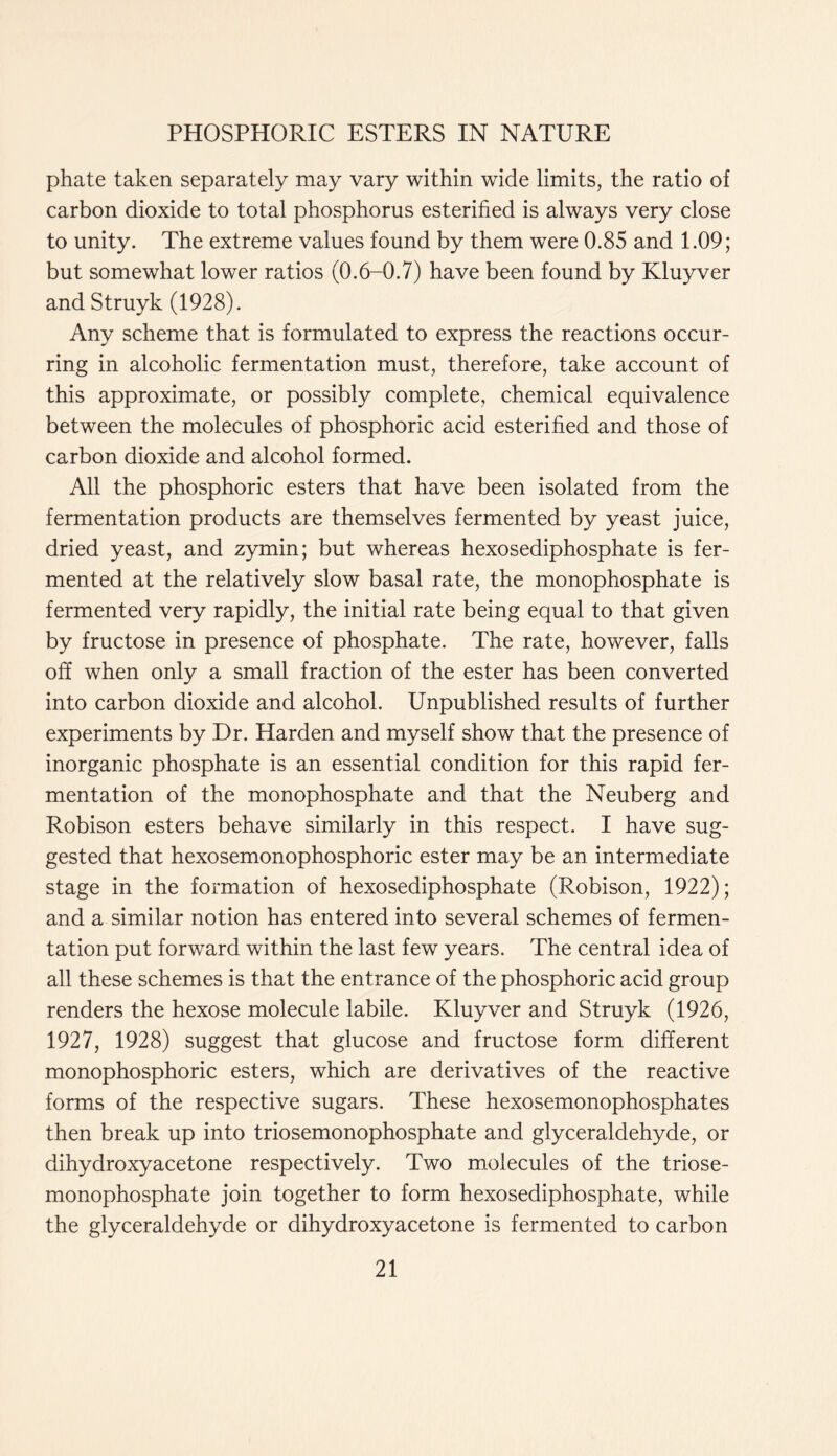 phate taken separately may vary within wide limits, the ratio of carbon dioxide to total phosphorus esterified is always very close to unity. The extreme values found by them were 0.85 and 1.09; but somewhat lower ratios (0.6-0.7) have been found by Kluyver and Struyk (1928). Any scheme that is formulated to express the reactions occur- ring in alcoholic fermentation must, therefore, take account of this approximate, or possibly complete, chemical equivalence between the molecules of phosphoric acid esterified and those of carbon dioxide and alcohol formed. All the phosphoric esters that have been isolated from the fermentation products are themselves fermented by yeast juice, dried yeast, and zymin; but whereas hexosediphosphate is fer- mented at the relatively slow basal rate, the monophosphate is fermented very rapidly, the initial rate being equal to that given by fructose in presence of phosphate. The rate, however, falls off when only a small fraction of the ester has been converted into carbon dioxide and alcohol. Unpublished results of further experiments by Dr. Harden and myself show that the presence of inorganic phosphate is an essential condition for this rapid fer- mentation of the monophosphate and that the Neuberg and Robison esters behave similarly in this respect. I have sug- gested that hexosemonophosphoric ester may be an intermediate stage in the formation of hexosediphosphate (Robison, 1922); and a similar notion has entered into several schemes of fermen- tation put forward within the last few years. The central idea of all these schemes is that the entrance of the phosphoric acid group renders the hexose molecule labile. Kluyver and Struyk (1926, 1927, 1928) suggest that glucose and fructose form different monophosphoric esters, which are derivatives of the reactive forms of the respective sugars. These hexosemonophosphates then break up into triosemonophosphate and glyceraldehyde, or dihydroxyacetone respectively. Two molecules of the triose- monophosphate join together to form hexosediphosphate, while the glyceraldehyde or dihydroxyacetone is fermented to carbon