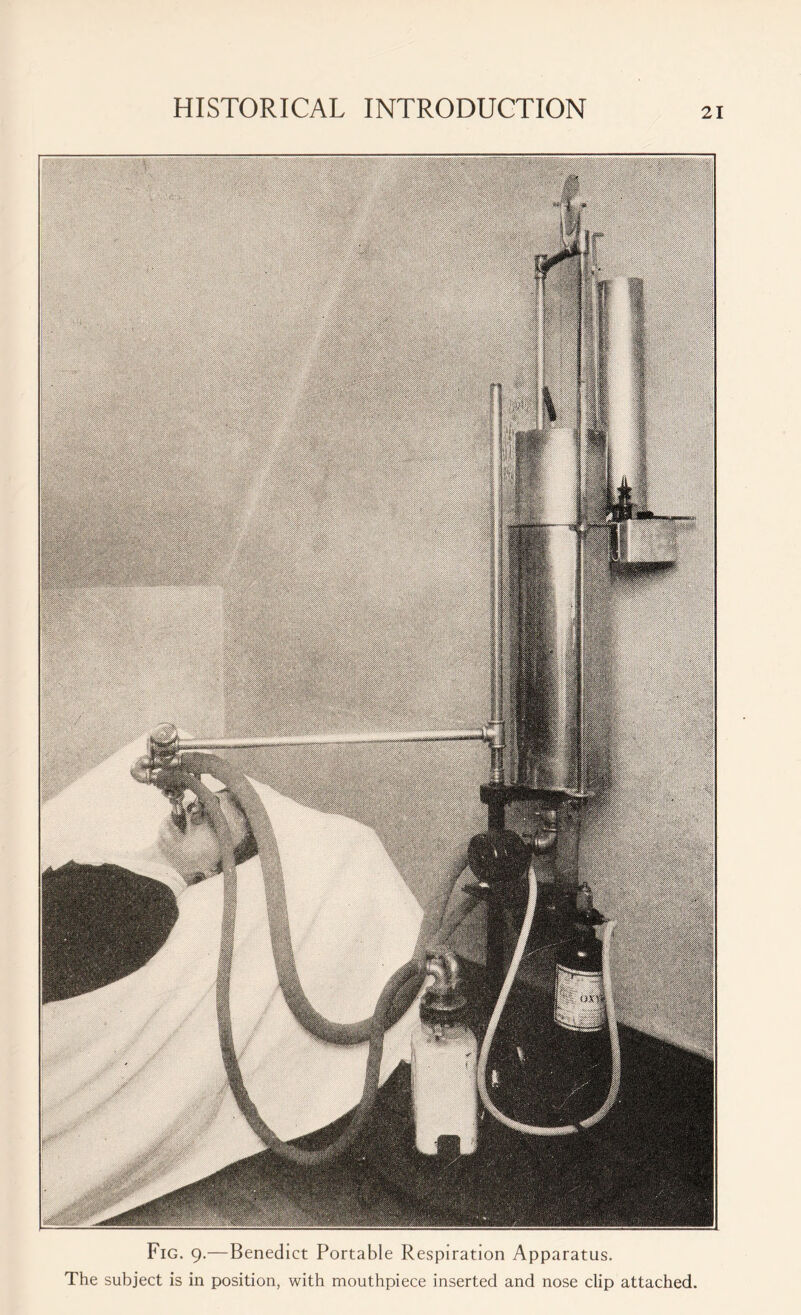 Fig. 9.—Benedict Portable Respiration Apparatus. The subject is in position, with mouthpiece inserted and nose clip attached.