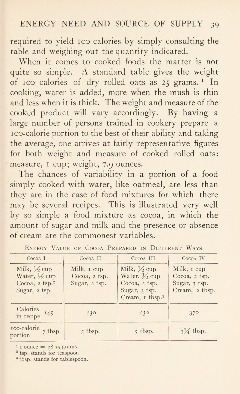 required to yield 100 calories by simply consulting the table and weighing out the quantity indicated. When it comes to cooked foods the matter is not quite so simple. A standard table gives the weight of 100 calories of dry rolled oats as 25 grams. 1 In cooking, water is added, more when the mush is thin and less when it is thick. The weight and measure of the cooked product will vary accordingly. By having a large number of persons trained in cookery prepare a ioo-calorie portion to the best of their ability and taking the average, one arrives at fairly representative figures for both weight and measure of cooked rolled oats: measure, 1 cup; weight, 7.9 ounces. The chances of variability in a portion of a food simply cooked with water, like oatmeal, are less than they are in the case of food mixtures for which there may be several recipes. This is illustrated very well by so simple a food mixture as cocoa, in which the amount of sugar and milk and the presence or absence of cream are the commonest variables. Energy Value of Cocoa Prepared in Different Ways Cocoa I Cocoa IT Cocoa III Cocoa IV Milk, Y2 cup Water, p2 CUP Cocoa, 2 tsp.2 Sugar, 2 tsp. Milk, 1 cup Cocoa, 2 tsp. Sugar, 2 tsp. Milk, p2 cup Water, cup Cocoa, 2 tsp. Sugar, 3 tsp. Cream, i tbsp.3 Milk, 1 cup Cocoa, 2 tsp. Sugar, 3 tsp. Cream, 2 tbsp. Calories 145 m recipe 230 232 37o ioo-calorie 7 tbsp. portion 5 tbsp. 5 tbsp. AA tbsp. 1 1 ounce = 28.35 grams. 2 tsp. stands for teaspoon. 3 tbsp. stands for tablespoon.