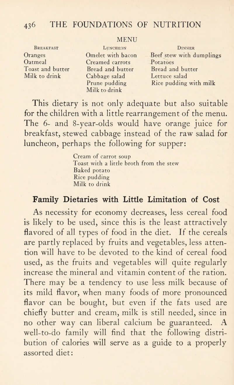 Breakfast Oranges Oatmeal Toast and butter Milk to drink MENU Luncheon Omelet with bacon Creamed carrots Bread and butter Cabbage salad Prune pudding Milk to drink Dinner Beef stew with dumplings Potatoes Bread and butter Lettuce salad Rice pudding with milk This dietary is not only adequate but also suitable for the children with a little rearrangement of the menu. The 6- and 8-year-olds would have orange juice for breakfast, stewed cabbage instead of the raw salad for luncheon, perhaps the following for supper: Cream of carrot soup Toast with a little broth from the stew Baked potato Rice pudding Milk to drink Family Dietaries with Little Limitation of Cost As necessity for economy decreases, less cereal food is likely to be used, since this is the least attractively flavored of all types of food in the diet. If the cereals are partly replaced by fruits and vegetables, less atten- tion will have to be devoted to the kind of cereal food used, as the fruits and vegetables will quite regularly increase the mineral and vitamin content of the ration. There may be a tendency to use less milk because of its mild flavor, when many foods of more pronounced flavor can be bought, but even if the fats used are chiefly butter and cream, milk is still needed, since in no other way can liberal calcium be guaranteed. A well-to-do family will find that the following distri- bution of calories will serve as a guide to a properly assorted diet: