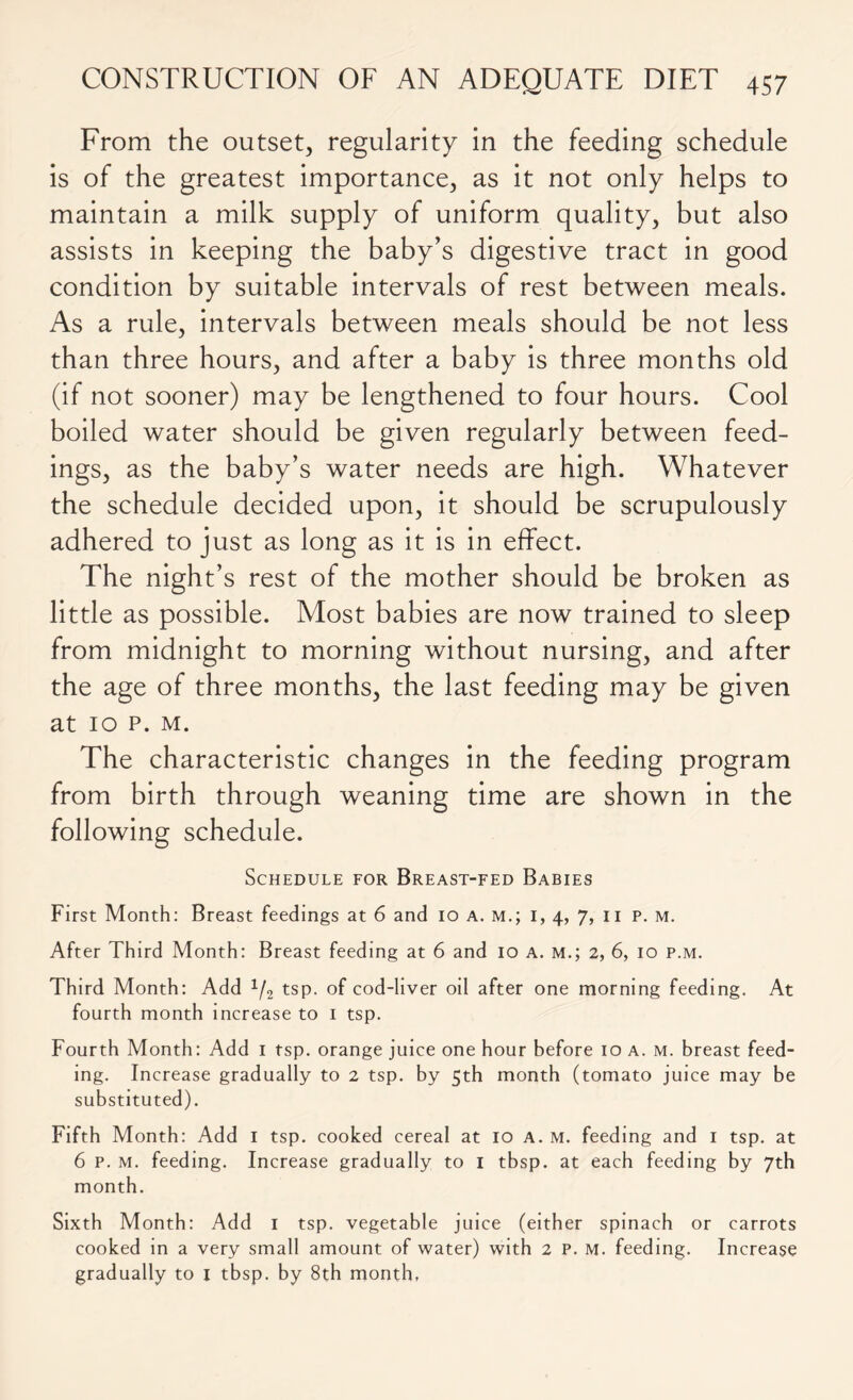 From the outset, regularity in the feeding schedule is of the greatest importance, as it not only helps to maintain a milk supply of uniform quality, but also assists in keeping the baby’s digestive tract in good condition by suitable intervals of rest between meals. As a rule, intervals between meals should be not less than three hours, and after a baby is three months old (if not sooner) may be lengthened to four hours. Cool boiled water should be given regularly between feed- ings, as the baby’s water needs are high. Whatever the schedule decided upon, it should be scrupulously adhered to just as long as it is in effect. The night’s rest of the mother should be broken as little as possible. Most babies are now trained to sleep from midnight to morning without nursing, and after the age of three months, the last feeding may be given at 10 p. m. The characteristic changes in the feeding program from birth through weaning time are shown in the following schedule. Schedule for Breast-fed Babies First Month: Breast feedings at 6 and io a. m.; i, 4, 7, n p. m. After Third Month: Breast feeding at 6 and 10 a. m.; 2, 6, 10 p.m. Third Month: Add 1f2 tsp. of cod-liver oil after one morning feeding. At fourth month increase to 1 tsp. Fourth Month: Add 1 tsp. orange juice one hour before 10 a. m. breast feed- ing. Increase gradually to 2 tsp. by 5th month (tomato juice may be substituted). Fifth Month: Add 1 tsp. cooked cereal at 10 A. m. feeding and 1 tsp. at 6 p. m. feeding. Increase gradually to 1 tbsp. at each feeding by 7th month. Sixth Month: Add 1 tsp. vegetable juice (either spinach or carrots cooked in a very small amount of water) with 2 p. M. feeding. Increase gradually to 1 tbsp. by 8th month,