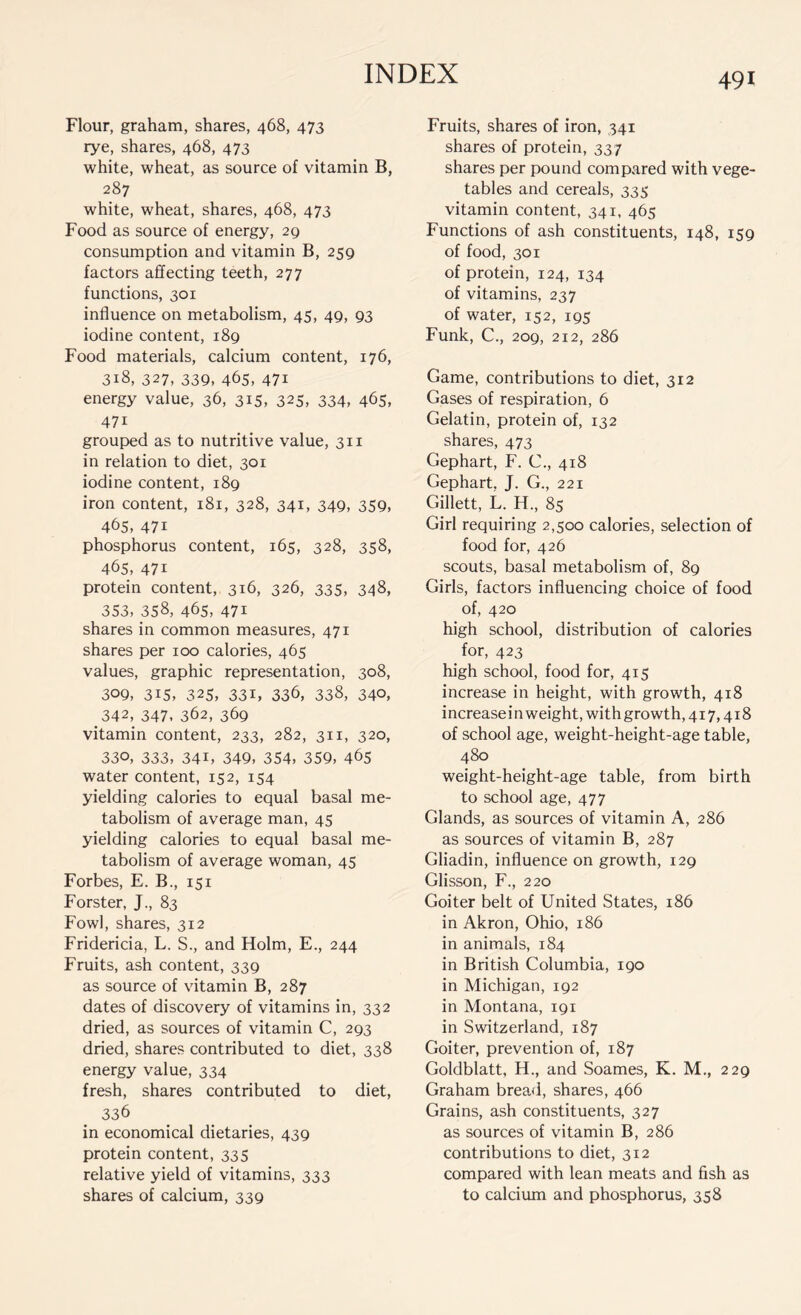 Flour, graham, shares, 468, 473 rye, shares, 468, 473 white, wheat, as source of vitamin B, 287 white, wheat, shares, 468, 473 Food as source of energy, 29 consumption and vitamin B, 259 factors affecting teeth, 277 functions, 301 influence on metabolism, 45, 49, 93 iodine content, 189 Food materials, calcium content, 176, 318, 327, 339, 465, 471 energy value, 36, 315, 325, 334, 465, 47i grouped as to nutritive value, 311 in relation to diet, 301 iodine content, 189 iron content, 181, 328, 341, 349, 359, 465, 47i phosphorus content, 165, 328, 358, 465, 47i protein content, 316, 326, 335, 3/18, 353, 358, 465, 47i shares in common measures, 471 shares per 100 calories, 465 values, graphic representation, 308, 309, 3i5, 325, 33i, 336, 338, 340, 342, 347. 362, 369 vitamin content, 233, 282, 311, 320, 330, 333, 34i, 349, 354, 359, 465 water content, 152, 154 yielding calories to equal basal me- tabolism of average man, 45 yielding calories to equal basal me- tabolism of average woman, 45 Forbes, E. B., 151 Forster, J., 83 Fowl, shares, 312 Fridericia, L. S., and Holm, E., 244 Fruits, ash content, 339 as source of vitamin B, 287 dates of discovery of vitamins in, 332 dried, as sources of vitamin C, 293 dried, shares contributed to diet, 338 energy value, 334 fresh, shares contributed to diet, 336 in economical dietaries, 439 protein content, 335 relative yield of vitamins, 333 shares of calcium, 339 Fruits, shares of iron, 341 shares of protein, 337 shares per pound compared with vege- tables and cereals, 335 vitamin content, 341, 465 Functions of ash constituents, 148, 159 of food, 301 of protein, 124, 134 of vitamins, 237 of water, 152, 195 Funk, C., 209, 212, 286 Game, contributions to diet, 312 Gases of respiration, 6 Gelatin, protein of, 132 shares, 473 Gephart, F. C., 418 Gephart, J. G., 221 Gillett, L. H., 85 Girl requiring 2,500 calories, selection of food for, 426 scouts, basal metabolism of, 89 Girls, factors influencing choice of food of, 420 high school, distribution of calories for, 423 high school, food for, 415 increase in height, with growth, 418 increaseinweight, withgrowth, 417,418 of school age, weight-height-age table, 480 weight-height-age table, from birth to school age, 477 Glands, as sources of vitamin A, 286 as sources of vitamin B, 287 Gliadin, influence on growth, 129 Glisson, F., 220 Goiter belt of United States, 186 in Akron, Ohio, 186 in animals, 184 in British Columbia, 190 in Michigan, 192 in Montana, 191 in Switzerland, 187 Goiter, prevention of, 187 Goldblatt, H., and Soames, K. M., 229 Graham bread, shares, 466 Grains, ash constituents, 327 as sources of vitamin B, 286 contributions to diet, 312 compared with lean meats and fish as to calcium and phosphorus, 358