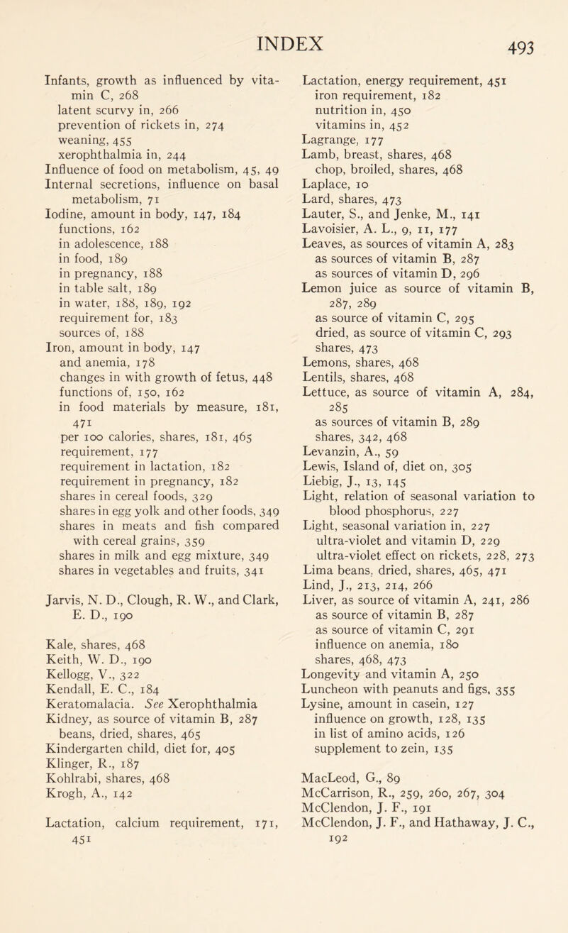 Infants, growth as influenced by vita- min C, 268 latent scurvy in, 266 prevention of rickets in, 274 weaning, 455 xerophthalmia in, 244 Influence of food on metabolism, 45, 49 Internal secretions, influence on basal metabolism, 71 Iodine, amount in body, 147, 184 functions, 162 in adolescence, 188 in food, 189 in pregnancy, 188 in table salt, 189 in water, 188, 189, 192 requirement for, 183 sources of, 188 Iron, amount in body, 147 and anemia, 178 changes in with growth of fetus, 448 functions of, 150, 162 in food materials by measure, 181, 47i per 100 calories, shares, 181, 465 requirement, 177 requirement in lactation, 182 requirement in pregnancy, 182 shares in cereal foods, 329 shares in egg yolk and other foods, 349 shares in meats and fish compared with cereal grains, 359 shares in milk and egg mixture, 349 shares in vegetables and fruits, 341 Jarvis, N. D., Clough, R. W., and Clark, E. D., 190 Kale, shares, 468 Keith, W. D., 190 Kellogg, V., 322 Kendall, E. C., 184 Keratomalacia. See Xerophthalmia Kidney, as source of vitamin B, 287 beans, dried, shares, 465 Kindergarten child, diet for, 405 Klinger, R., 187 Kohlrabi, shares, 468 Krogh, A., 142 Lactation, calcium requirement, 171, 45i Lactation, energy requirement, 451 iron requirement, 182 nutrition in, 450 vitamins in, 452 Lagrange, 177 Lamb, breast, shares, 468 chop, broiled, shares, 468 Laplace, 10 Lard, shares, 473 Lauter, S., and Jenke, M., 141 Lavoisier, A. L., 9, n, 177 Leaves, as sources of vitamin A, 283 as sources of vitamin B, 287 as sources of vitamin D, 296 Lemon juice as source of vitamin B, 287, 289 as source of vitamin C, 295 dried, as source of vitamin C, 293 shares, 473 Lemons, shares, 468 Lentils, shares, 468 Lettuce, as source of vitamin A, 284, 285 as sources of vitamin B, 289 shares, 342, 468 Levanzin, A., 59 Lewis, Island of, diet on, 305 Liebig, J., 13, 145 Light, relation of seasonal variation to blood phosphorus, 227 Light, seasonal variation in, 227 ultra-violet and vitamin D, 229 ultra-violet effect on rickets, 228, 273 Lima beans, dried, shares, 465, 471 Lind, J., 213, 214, 266 Liver, as source of vitamin A, 241, 286 as source of vitamin B, 287 as source of vitamin C, 291 influence on anemia, 180 shares, 468, 473 Longevity and vitamin A, 250 Luncheon with peanuts and figs, 355 Lysine, amount in casein, 127 influence on growth, 128, 135 in list of amino acids, 126 supplement to zein, 135 MacLeod, G., 89 McCarrison, R., 259, 260, 267, 304 McClendon, J. F., 191 McClendon, J. F., and Hathaway, J. C., 192