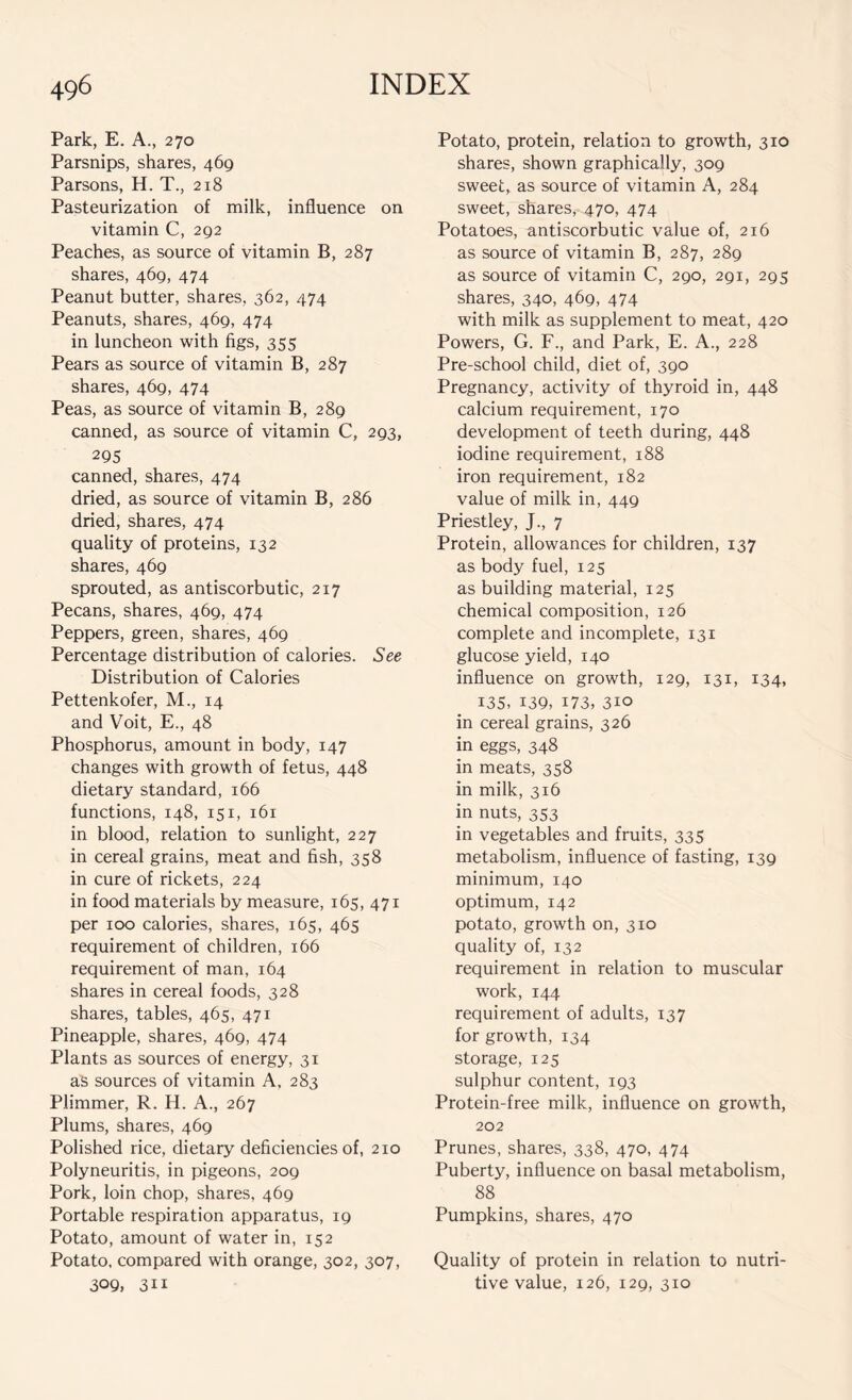 Park, E. A., 270 Parsnips, shares, 469 Parsons, H. T., 218 Pasteurization of milk, influence on vitamin C, 292 Peaches, as source of vitamin B, 287 shares, 469, 474 Peanut butter, shares, 362, 474 Peanuts, shares, 469, 474 in luncheon with figs, 355 Pears as source of vitamin B, 287 shares, 469, 474 Peas, as source of vitamin B, 289 canned, as source of vitamin C, 293, 295 canned, shares, 474 dried, as source of vitamin B, 286 dried, shares, 474 quality of proteins, 132 shares, 469 sprouted, as antiscorbutic, 217 Pecans, shares, 469, 474 Peppers, green, shares, 469 Percentage distribution of calories. See Distribution of Calories Pettenkofer, M., 14 and Voit, E., 48 Phosphorus, amount in body, 147 changes with growth of fetus, 448 dietary standard, 166 functions, 148, 151, 161 in blood, relation to sunlight, 227 in cereal grains, meat and fish, 358 in cure of rickets, 224 in food materials by measure, 165, 471 per 100 calories, shares, 165, 465 requirement of children, 166 requirement of man, 164 shares in cereal foods, 328 shares, tables, 465, 471 Pineapple, shares, 469, 474 Plants as sources of energy, 31 aB sources of vitamin A, 283 Plimmer, R. H. A., 267 Plums, shares, 469 Polished rice, dietary deficiencies of, 210 Polyneuritis, in pigeons, 209 Pork, loin chop, shares, 469 Portable respiration apparatus, 19 Potato, amount of water in, 152 Potato, compared with orange, 302, 307, 309, 311 Potato, protein, relation to growth, 310 shares, shown graphically, 309 sweet, as source of vitamin A, 284 sweet, shares, 470, 474 Potatoes, antiscorbutic value of, 216 as source of vitamin B, 287, 289 as source of vitamin C, 290, 291, 295 shares, 340, 469, 474 with milk as supplement to meat, 420 Powers, G. F., and Park, E. A., 228 Pre-school child, diet of, 390 Pregnancy, activity of thyroid in, 448 calcium requirement, 170 development of teeth during, 448 iodine requirement, 188 iron requirement, 182 value of milk in, 449 Priestley, J., 7 Protein, allowances for children, 137 as body fuel, 125 as building material, 125 chemical composition, 126 complete and incomplete, 131 glucose yield, 140 influence on growth, 129, 131, 134, 135, 139, 173, 310 in cereal grains, 326 in eggs, 348 in meats, 358 in milk, 316 in nuts, 353 in vegetables and fruits, 335 metabolism, influence of fasting, 139 minimum, 140 optimum, 142 potato, growth on, 310 quality of, 132 requirement in relation to muscular work, 144 requirement of adults, 137 for growth, 134 storage, 125 sulphur content, 193 Protein-free milk, influence on growth, 202 Prunes, shares, 338, 470, 474 Puberty, influence on basal metabolism, 88 Pumpkins, shares, 470 Quality of protein in relation to nutri- tive value, 126, 129, 310