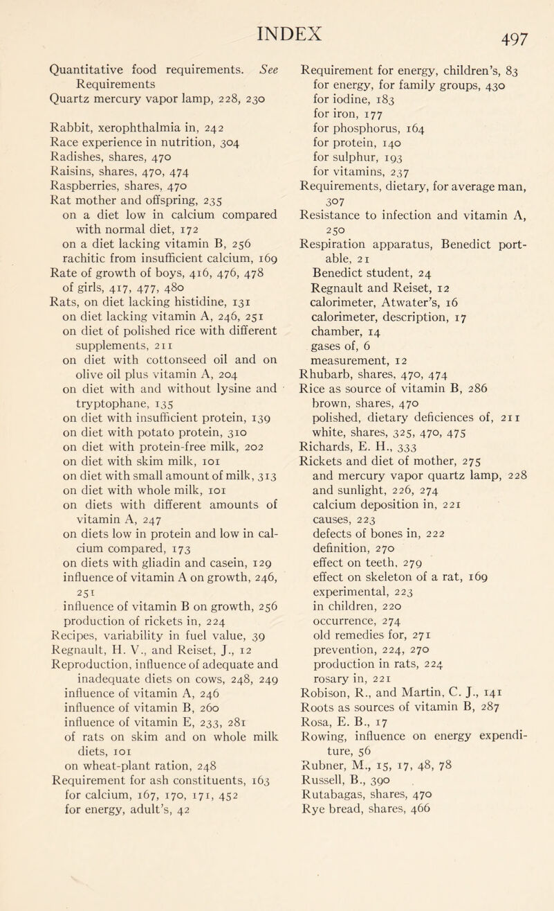 Quantitative food requirements. See Requirements Quartz mercury vapor lamp, 228, 230 Rabbit, xerophthalmia in, 242 Race experience in nutrition, 304 Radishes, shares, 470 Raisins, shares, 470, 474 Raspberries, shares, 470 Rat mother and offspring, 235 on a diet low in calcium compared with normal diet, 172 on a diet lacking vitamin B, 256 rachitic from insufficient calcium, 169 Rate of growth of boys, 416, 476, 478 of girls, 417, 477, 480 Rats, on diet lacking histidine, 131 on diet lacking vitamin A, 246, 251 on diet of polished rice with different supplements, 211 on diet with cottonseed oil and on olive oil plus vitamin A, 204 on diet with and without lysine and tryptophane, 135 on diet with insufficient protein, 139 on diet with potato protein, 310 on diet with protein-free milk, 202 on diet with skim milk, 101 on diet with small amount of milk, 313 on diet with whole milk, 101 on diets with different amounts of vitamin A, 247 on diets low in protein and low in cal- cium compared, 173 on diets with gliadin and casein, 129 influence of vitamin A on growth, 246, 251 influence of vitamin B on growth, 256 production of rickets in, 224 Recipes, variability in fuel value, 39 Regnault, H. V., and Reiset, J., 12 Reproduction, influence of adequate and inadequate diets on cows, 248, 249 influence of vitamin A, 246 influence of vitamin B, 260 influence of vitamin E, 233, 281 of rats on skim and on whole milk diets, 101 on wheat-plant ration, 248 Requirement for ash constituents, 163 for calcium, 167, 170, 171, 452 for energy, adult’s, 42 Requirement for energy, children’s, 83 for energy, for family groups, 430 for iodine, 183 for iron, 177 for phosphorus, 164 for protein, 140 for sulphur, 193 for vitamins, 237 Requirements, dietary, for average man, 307 Resistance to infection and vitamin A, 250 Respiration apparatus, Benedict port- able, 21 Benedict student, 24 Regnault and Reiset, 12 calorimeter, Atwater’s, 16 calorimeter, description, 17 chamber, 14 gases of, 6 measurement, 12 Rhubarb, shares, 470, 474 Rice as source of vitamin B, 286 brown, shares, 470 polished, dietary deficiences of, 211 white, shares, 325, 470, 475 Richards, E. H., 333 Rickets and diet of mother, 275 and mercury vapor quartz lamp, 228 and sunlight, 226, 274 calcium deposition in, 221 causes, 223 defects of bones in, 222 definition, 270 effect on teeth, 279 effect on skeleton of a rat, 169 experimental, 223 in children, 220 occurrence, 274 old remedies for, 271 prevention, 224, 270 production in rats, 224 rosary in, 221 Robison, R., and Martin, C. J., 141 Roots as sources of vitamin B, 287 Rosa, E. B., 17 Rowing, influence on energy expendi- ture, 56 Rubner, M., 15, 17, 48, 78 Russell, B., 390 Rutabagas, shares, 470 Rye bread, shares, 466