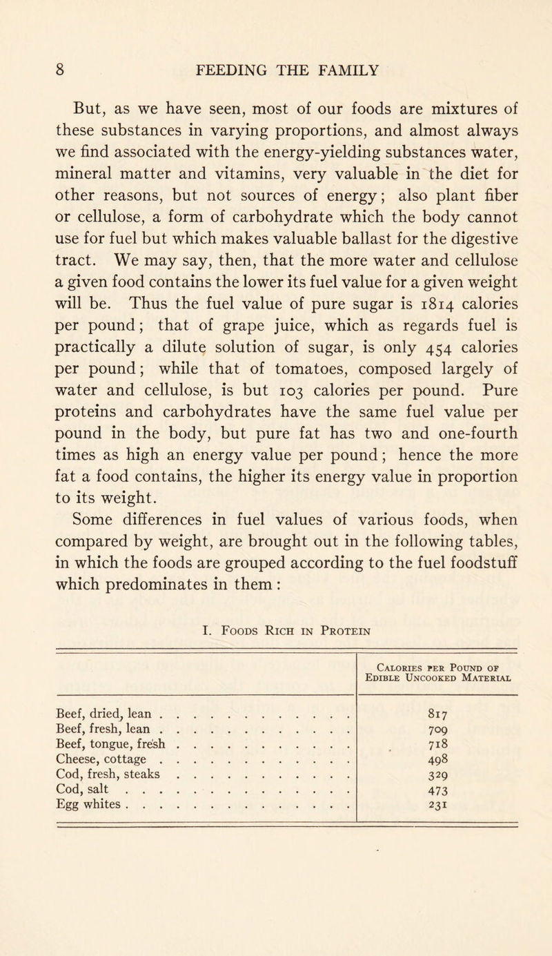 But, as we have seen, most of our foods are mixtures of these substances in varying proportions, and almost always we find associated with the energy-yielding substances water, mineral matter and vitamins, very valuable in the diet for other reasons, but not sources of energy; also plant fiber or cellulose, a form of carbohydrate which the body cannot use for fuel but which makes valuable ballast for the digestive tract. We may say, then, that the more water and cellulose a given food contains the lower its fuel value for a given weight will be. Thus the fuel value of pure sugar is 1814 calories per pound; that of grape juice, which as regards fuel is practically a dilute solution of sugar, is only 454 calories per pound; while that of tomatoes, composed largely of water and cellulose, is but 103 calories per pound. Pure proteins and carbohydrates have the same fuel value per pound in the body, but pure fat has two and one-fourth times as high an energy value per pound; hence the more fat a food contains, the higher its energy value in proportion to its weight. Some differences in fuel values of various foods, when compared by weight, are brought out in the following tables, in which the foods are grouped according to the fuel foodstuff which predominates in them : I. Foods Rich in Protein Calories per Pound of Edible Uncooked Material Beef, dried, lean 817 Beef, fresh, lean 709 Beef, tongue, fresh 718 Cheese, cottage 498 Cod, fresh, steaks 329 Cod, salt 473 Egg whites 231