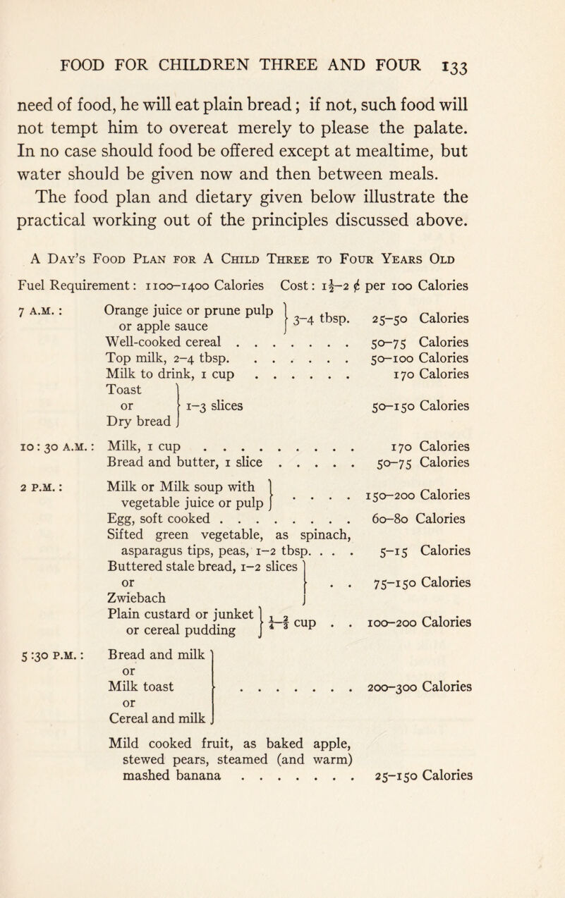 need of food, he will eat plain bread; if not, such food will not tempt him to overeat merely to please the palate. In no case should food be offered except at mealtime, but water should be given now and then between meals. The food plan and dietary given below illustrate the practical working out of the principles discussed above. A Day’s Food Plan for A Child Three to Four Years Old Fuel Requirement: 1100-1400 Calories Cost: 1^-2 i per 100 Calories 7 a.m. : Orange juice or prune pulp or apple sauce Well-cooked cereal . . . Top milk, 2-4 tbsp. . . Milk to drink, 1 cup . . Toast or ■ 1-3 slices Dry bread 3-4 tbsp. 25-50 Calories 50-75 Calories 50-100 Calories 170 Calories 50-150 Calories 10:30 A.M.: Milk, 1 cup 170 Calories Bread and butter, 1 slice 50-75 Calories 2 p.m. : Milk or Milk soup with vegetable juice or pulp Egg, soft cooked . . . Sifted green vegetable, as spinach, asparagus tips, peas, 1-2 tbsp. . . . Buttered stale bread, 1-2 slices or Zwiebach Plain custard or junket or cereal pudding | 4-f cup . . 150-200 Calories 60-80 Calories 5-15 Calories 75-150 Calories 100-200 Calories 5 130 p.m. : Bread and milk or Milk toast or Cereal and milk . 200-300 Calories Mild cooked fruit, as baked apple, stewed pears, steamed (and warm) mashed banana 25-150 Calories