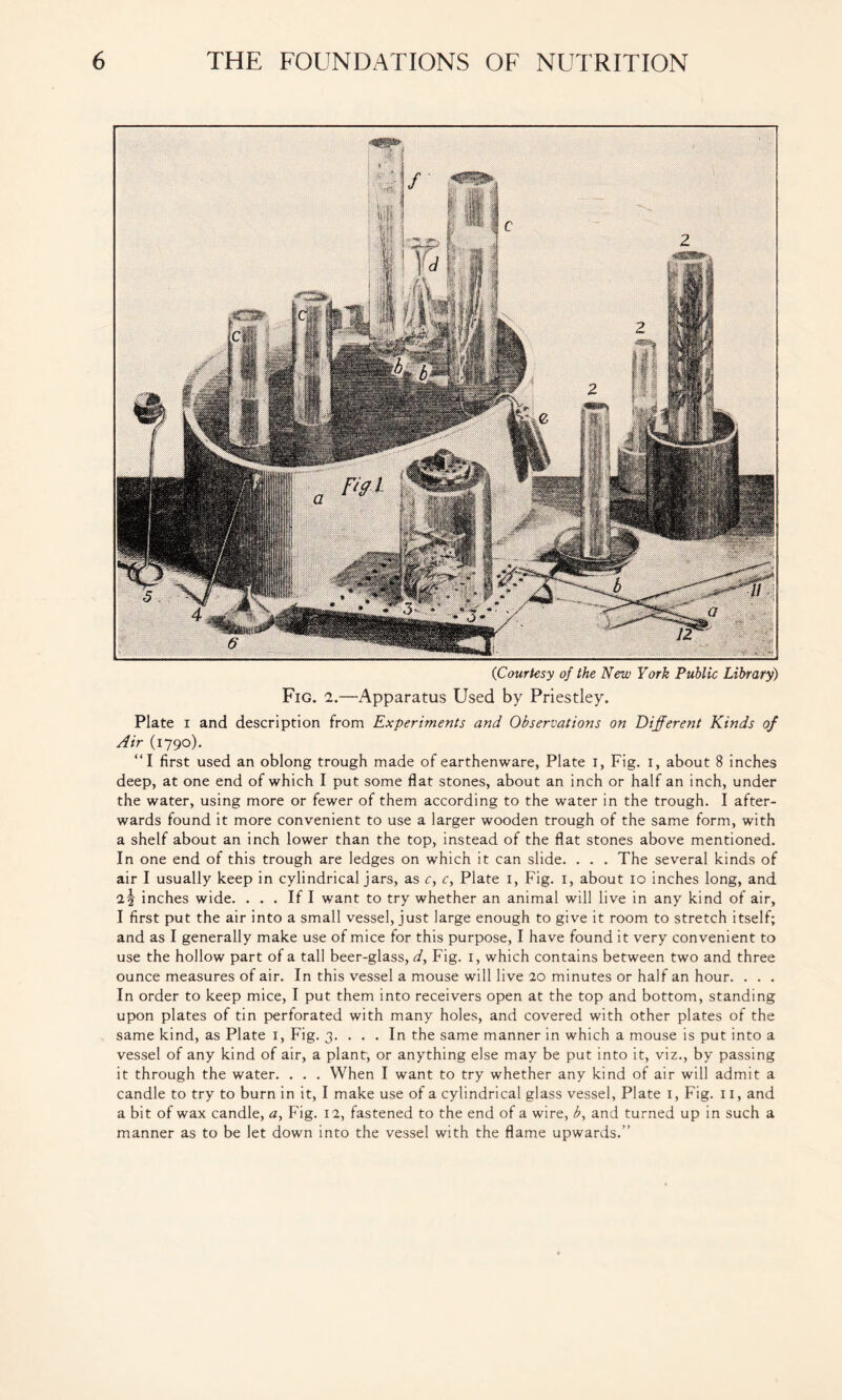 0Courtesy of the New York Public Library) Fig. 1.—Apparatus Used by Priestley. Plate i and description from Experiments and Observations on Different Kinds of Air (1790). “I first used an oblong trough made of earthenware, Plate 1, Fig. 1, about 8 inches deep, at one end of which I put some flat stones, about an inch or half an inch, under the water, using more or fewer of them according to the water in the trough. I after- wards found it more convenient to use a larger wooden trough of the same form, with a shelf about an inch lower than the top, instead of the flat stones above mentioned. In one end of this trough are ledges on which it can slide. . . . The several kinds of air I usually keep in cylindrical jars, as c, c, Plate 1, Fig. 1, about 10 inches long, and 25 inches wide. ... If I want to try whether an animal will live in any kind of air, I first put the air into a small vessel, just large enough to give it room to stretch itself; and as I generally make use of mice for this purpose, I have found it very convenient to use the hollow part of a tall beer-glass, d, Fig. 1, which contains between two and three ounce measures of air. In this vessel a mouse will live 20 minutes or half an hour. . . . In order to keep mice, I put them into receivers open at the top and bottom, standing upon plates of tin perforated with many holes, and covered with other plates of the same kind, as Plate 1, Fig. 3. ... In the same manner in which a mouse is put into a vessel of any kind of air, a plant, or anything else may be put into it, viz., by passing it through the water. . . . When I want to try whether any kind of air will admit a candle to try to burn in it, I make use of a cylindrical glass vessel, Plate 1, Fig. 11, and a bit of wax candle, a, Fig. 12, fastened to the end of a wire, b, and turned up in such a manner as to be let down into the vessel with the flame upwards.”