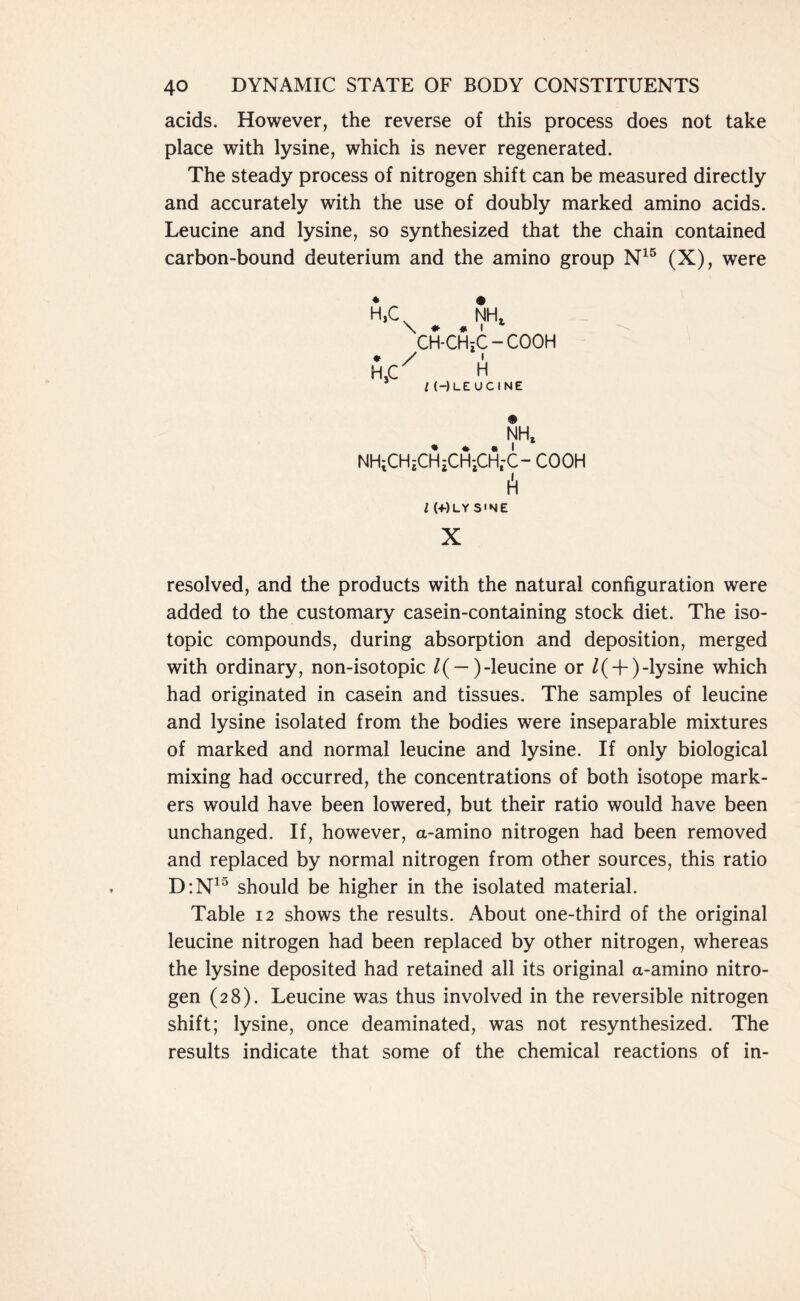 acids. However, the reverse of this process does not take place with lysine, which is never regenerated. The steady process of nitrogen shift can be measured directly and accurately with the use of doubly marked amino acids. Leucine and lysine, so synthesized that the chain contained carbon-bound deuterium and the amino group N15 (X), were H,C\ # ^ NHt CH-CHiC - COOH ♦ / 1 Hj(J H l (—) LEUCINE NHg NHiCHiCHiCHiCHrC- COOH A l (+)LY S'NE X resolved, and the products with the natural configuration were added to the customary casein-containing stock diet. The iso- topic compounds, during absorption and deposition, merged with ordinary, non-isotopic /( — )-leucine or Z( + ) -lysine which had originated in casein and tissues. The samples of leucine and lysine isolated from the bodies were inseparable mixtures of marked and normal leucine and lysine. If only biological mixing had occurred, the concentrations of both isotope mark- ers would have been lowered, but their ratio would have been unchanged. If, however, a-amino nitrogen had been removed and replaced by normal nitrogen from other sources, this ratio D:N15 should be higher in the isolated material. Table 12 shows the results. About one-third of the original leucine nitrogen had been replaced by other nitrogen, whereas the lysine deposited had retained all its original a-amino nitro- gen (28). Leucine was thus involved in the reversible nitrogen shift; lysine, once deaminated, was not resynthesized. The results indicate that some of the chemical reactions of in-