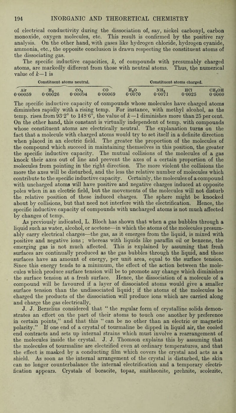 of electrical conductivity during the dissociation of, say, nickel carbonyl, carbon monoxide, oxygen molecules, etc. This result is confirmed by the positive ray analysis. On the other hand, with gases like hydrogen chloride, hydrogen cyanide, ammonia, etc., the opposite conclusion is drawn respecting the constituent atoms of the dissociating gas. The specific inductive capacities, h, of compounds with presumably charged atoms, are markedly different from those with neutral atoms. Thus, the numerical value of ^—1 is Constituent atoms neutral. Constituent atoms charged. ^ CO^ C^ HjO NH3 HCl CH3OH 0-00059 0-00026 0 00094 0 00069 00070 00071 0 0025 0 0060 The specific inductive capacity of compounds whose molecules have charged atoms diminishes rapidly with a rising temp. For instance, with methyl alcohol, as the temp, rises from93'2° to 148-6°, the value of k—\ diminishes more than 25 per cent. On the other hand, this constant is virtually independent of temp, with compounds whose constituent atoms are electrically neutral. The explanation turns on the fact that a molecule with charged atoms would try to set itseU in a definite direction when placed in an electric field. The greater the proportion of the molecules of the compound which succeed in maintaining themselves in this position, the greater the specific inductive capacity. The mutual collisions of the molecules of a gas knock their axes out of line and prevent the axes of a certain proportion of the molecules from pointing in the right direction. The more violent the collisions the more the axes will be disturbed, and the less the relative number of molecules which contribute to the specific inductive capacity. Certainly, the molecules of a compound with uncharged atoms will have positive and negative charges induced at opposite poles when in an electric field, but the movements of the molecules will not disturb the relative position of these induced charges. The sphere might be knocked about by collisions, but that need not interfere with the electrification. Hence, the specific inductive capacity of compounds with uncharged atoms is not much affected by changes of temp. As pre-\dously indicated, L. Bloch has sho-wn that when a gas bubbles through a liquid such as water, alcohol, or acetone—in which the atoms of the molecules presum- ably carry electrical charges—the gas, as it emerges from the liquid, is mixed with positive and negative ions; whereas -with hquids like paraffin oil or benzene, the emerging gas is not much affected. This is explained by assuming that fresh surfaces are continually produced as the gas bubbles through the liquid, and these surfaces have an amount of energy, per unit area, equal to the surface tension. Since this energy tends to a minimum, the effect of the action between the mole- cules which produce surface tension will be to promote any change which diminishes the surface tension at a fresh surface. Hence, the dissociation of a molecule of a compound will be favoured if a layer of dissociated atoms would give a smaller surface tension than the undissociated liquid; if the atoms of the molecules be charged the products of the dissociation -will produce ions which are carried along and charge the gas electrically. J. J. Berzelius considered that “ the regular form of crystalline solids demon- strates an effort on the part of their atoms to touch one another by preference in certain points,” and that this “ can be no other than an electric or magnetic polarity.” If one end of a crystal of tourmaline be dipped in liquid air, the cooled end contracts and sets up internal strains which must involve a rearrangement of the molecules inside the crystal. J. J. Thomson explains this by assuming that the molecules of tourmaline are electrified even at ordinary temjieratures, and that the effect is masked by a conducting film which covers the crystal and acts as a shield. As soon as the internal arrangement of the crystal is disturbed, the skin can no longer counterbalance the internal electrification and a temporary electri- fication appears. Crystals of boracite, topaz, smithsonite, prehnite, scolezite.