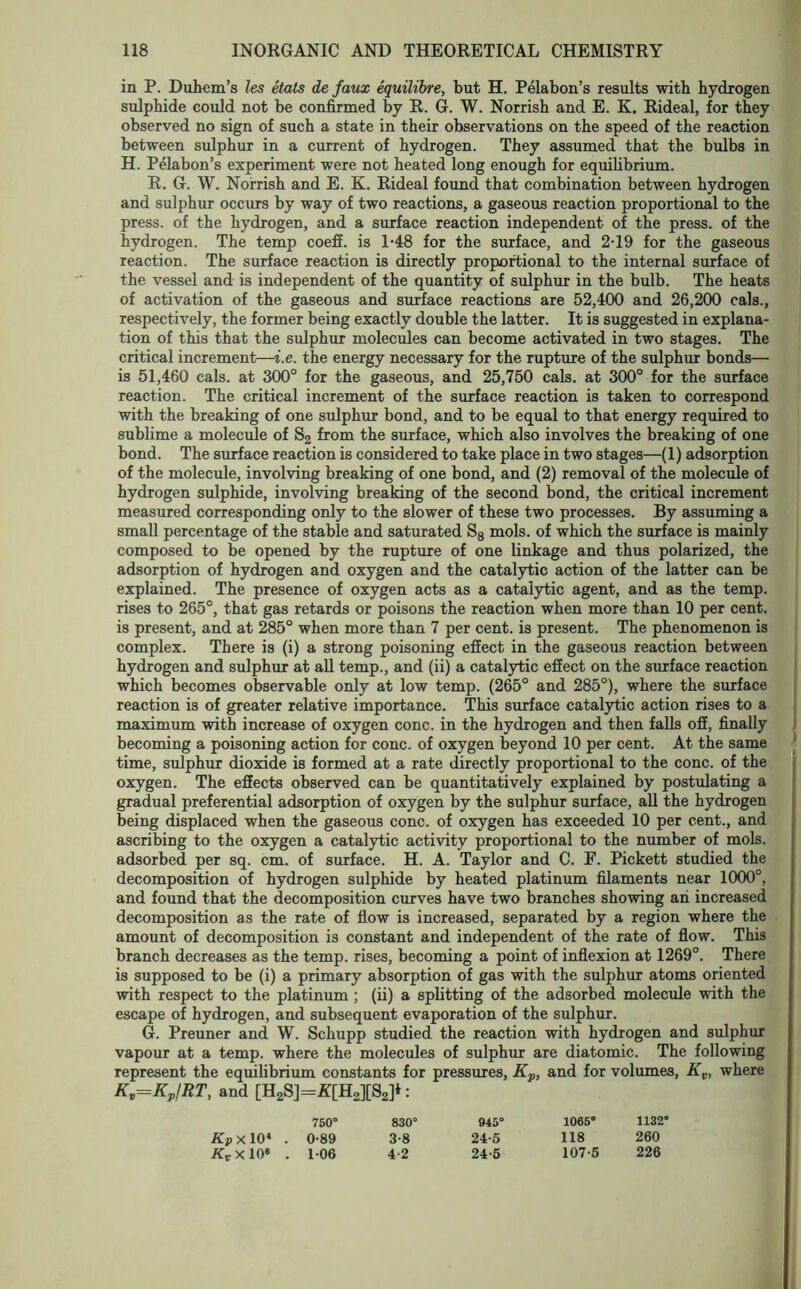 in P. Duhem’s les etats de faux equilibre, but H. Pelabon’s results with hydrogen sulphide could not be confirmed by R. G. W. Norrish and E. K. Rideal, for they observed no sign of such a state in their observations on the speed of the reaction between sulphur in a current of hydrogen. They assumed that the bulbs in H. Pelabon’s experiment were not heated long enough for equilibrium. R. G. W. Norrish and E. K. Rideal found that combination between hydrogen and sulphur occurs by way of two reactions, a gaseous reaction proportional to the press, of the hydrogen, and a surface reaction independent of the press, of the hydrogen. The temp coeff. is 1-48 for the surface, and 2-19 for the gaseous reaction. The surface reaction is directly proportional to the internal surface of the vessel and is independent of the quantity of sulphur in the bulb. The heats of activation of the gaseous and surface reactions are 52,400 and 26,200 cals., respectively, the former being exactly double the latter. It is suggested in explana- tion of this that the sulphur molecules can become activated in two stages. The critical increment—i.e. the energy necessary for the rupture of the sulphur bonds— is 51,460 cals, at 300° for the gaseous, and 25,750 cals, at 300° for the surface reaction. The critical increment of the surface reaction is taken to correspond with the breaking of one sulphur bond, and to be equal to that energy required to sublime a molecule of S2 from the surface, which also involves the breaking of one bond. The surface reaction is considered to take place in two stages—(1) adsorption of the molecule, involving breaking of one bond, and (2) removal of the molecule of hydrogen sulphide, involving breaking of the second bond, the critical increment measured corresponding only to the slower of these two processes. By assuming a small percentage of the stable and saturated S8 mols. of which the surface is mainly composed to be opened by the rupture of one linkage and thus polarized, the adsorption of hydrogen and oxygen and the catalytic action of the latter can be explained. The presence of oxygen acts as a catalytic agent, and as the temp, rises to 265°, that gas retards or poisons the reaction when more than 10 per cent, is present, and at 285° when more than 7 per cent, is present. The phenomenon is complex. There is (i) a strong poisoning effect in the gaseous reaction between hydrogen and sulphur at all temp., and (ii) a catalytic effect on the surface reaction which becomes observable only at low temp. (265° and 285°), where the surface reaction is of greater relative importance. This surface catalytic action rises to a maximum with increase of oxygen cone, in the hydrogen and then falls off, finally becoming a poisoning action for cone, of oxygen beyond 10 per cent. At the same time, sulphur dioxide is formed at a rate directly proportional to the cone, of the oxygen. The effects observed can be quantitatively explained by postulating a gradual preferential adsorption of oxygen by the sulphur surface, all the hydrogen being displaced when the gaseous cone, of oxygen has exceeded 10 per cent., and ascribing to the oxygen a catalytic activity proportional to the number of mols. adsorbed per sq. cm. of surface. H. A. Taylor and C. F. Pickett studied the decomposition of hydrogen sulphide by heated platinum filaments near 1000°, and found that the decomposition curves have two branches showing an increased decomposition as the rate of flow is increased, separated by a region where the amount of decomposition is constant and independent of the rate of flow. This branch decreases as the temp, rises, becoming a point of inflexion at 1269°. There is supposed to be (i) a primary absorption of gas with the sulphur atoms oriented with respect to the platinum; (ii) a splitting of the adsorbed molecule with the escape of hydrogen, and subsequent evaporation of the sulphur. G. Preuner and W. Schupp studied the reaction with hydrogen and sulphur vapour at a temp, where the molecules of sulphur are diatomic. The following represent the equilibrium constants for pressures, Kp, and for volumes, Kv, where KV=KP/RT, and [H2S]=Jt[H2][S2]*: 750° 830° 945° 1065° 1132° KPx 10* . 0-89 3-8 24-5 118 260 .KcXlO* . 106 4-2 24-6 107-5 226