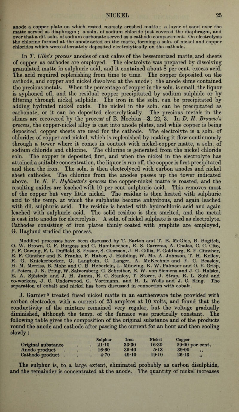 anode a copper plate on which rested coarsely crushed matte : a layer of sand over the matte served as diaphragm ; a soln. of sodium chloride just covered the diaphragm, and over that a dil. soln. of sodium carbonate served as a cathode compartment. On electrolysis the chlorine formed at the anode acted on the matte, forming a soln. of nickel and copper chlorides which were alternately deposited electrolytically on the cathode. In T. Ulke’s process anodes of cast cakes of the bessemerized matte, and sheets of copper as cathodes are employed. The electrolyte was prepared by dissolving granulated matte in sulphuric acid, and it contained about 8 per cent, excess acid. The acid required replenishing from time to time. The copper deposited on the cathode, and copper and nickel dissolved at the anode ; the anode slime contained the precious metals. When the percentage of copper in the soln. is small, the liquor is syphoned off, and the residual copper precipitated by sodium sulphide or by filtering through nickel sulphide. The iron in the soln. can be precipitated by adding hydrated nickel oxide. The nickel in the soln. can be precipitated as carbonate, or it can be deposited electrolytically. The precious metals in the slimes are recovered by the process' of B. Moebius—3. 22, 3. In D. H. Brownes process, the copper-nickel alloy is cast into anode plates, and while copper is being deposited, copper sheets are used for the cathode. The electrolyte is a soln. of chlorides of copper and nickel, which is replenished by making it flow continuously through a tower where it comes in contact with nickel-copper matte, a soln. of sodium chloride and chlorine. The chlorine is generated from the nickel chloride soln. The copper is deposited first, and when the nickel in the electrolyte has attained a suitable concentration, the liquor is run off, the copper is first precipitated and then the iron. The soln. is then electrolyzed with carbon anodes and nickel sheet cathodes. The chlorine from the anodes passes up the tower indicated above. In N. V. Hybinette’s process the copper-nickel matte is roasted, and the resulting oxides are leached with 10 per cent, sulphuric acid. This removes most of the copper but very little nickel. The residue is then heated with sulphuric acid to the temp, at which the sulphates become anhydrous, and again leached with dil. sulphuric acid. The residue is heated with hydrochloric acid and again leached with sulphuric acid. The solid residue is then smelted, and the metal is cast into anodes for electrolysis. A soln. of nickel sulphate is used as electrolyte. Cathodes consisting of iron plates thinly coated with graphite are employed, G. Haglund studied the process. Modified processes have been discussed by T. Barton and T. B. McGhie, B. Bogitch, O. W. Brown, C. F. Burgess and C. Hambuechen, R. S. Carreras, A. Chalas, C. C. Cito, P. F. Cowing, F. L. Duffield, S. Fraser, S. Giertsen, J. H. Gillis, P. Goldberg, E. F. Gunther, E. F. Gunther and B. Franke, F. Haber, J. Heibling, W. Me. A. Johnson, T. H. Kelley, R. G. Knickerbocker, G. Langbein, C. Langer, A. McKechnie and F. C. Beasley, H. M. Merriss, B. Mohr and C. B. Heberlein, L. Munzing, K. W. Palmaer and O. E. Griep, F. Peters, J. N. Pring, W. Salversberg, G. Schreiber, E. W. von Siemens and J. G. Halske, E. A. Sjostedt and J. H. James, R. C. Stanley, T. Storer, J. Strap, R. L. Suhl and co-workers, J. C. Underwood, G. Vortmann, and H. L. Wells and J. C. King. The separation of cobalt and nickel has been discussed in connection with cobalt. J. Gamier 8 treated fused nickel matte in an earthenware tube provided with carbon electrodes, with a current of 23 amperes at 10 volts, and found that the conductivity of the mixture remained very regular, but the voltage gradually diminished, although the temp, of the furnace was practically constant. The following table gives the composition of the original substance and of the products round the anode and cathode after passing the current for an hour and then cooling slowly: Sulphur Iron Nickel Copper Original substance . 21*10 33*30 16*30 29*00 per cent. Anode product . 16*60 35*40 5*13 39*90 Cathode product . 4*70 49*10 19*10 26*13 The sulphur is, to a large extent, eliminated probably as carbon disulphii and the remainder is concentrated at the anode. The quantity of nickel increases