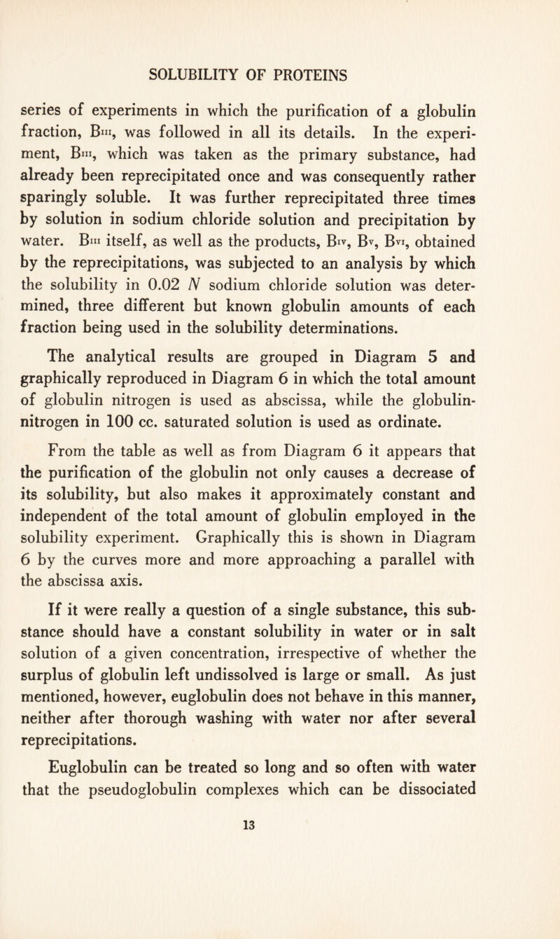 series of experiments in which the purification of a globulin fraction, Bin, was followed in all its details. In the experi- ment, Bin, which was taken as the primary substance, had already been reprecipitated once and was consequently rather sparingly soluble. It was further reprecipitated three times by solution in sodium chloride solution and precipitation by water. Bin itself, as well as the products, Biv, Bv, B^, obtained by the reprecipitations, was subjected to an analysis by which the solubility in 0.02 N sodium chloride solution was deter- mined, three different but known globulin amounts of each fraction being used in the solubility determinations. The analytical results are grouped in Diagram 5 and graphically reproduced in Diagram 6 in which the total amount of globulin nitrogen is used as abscissa, while the globulin- nitrogen in 100 cc. saturated solution is used as ordinate. From the table as well as from Diagram 6 it appears that the purification of the globulin not only causes a decrease of its solubility, but also makes it approximately constant and independent of the total amount of globulin employed in the solubility experiment. Graphically this is shown in Diagram 6 by the curves more and more approaching a parallel with the abscissa axis. If it were really a question of a single substance, this sub- stance should have a constant solubility in water or in salt solution of a given concentration, irrespective of whether the surplus of globulin left undissolved is large or small. As just mentioned, however, euglobulin does not behave in this manner, neither after thorough washing with water nor after several reprecipitations. Euglobulin can be treated so long and so often with water that the pseudoglobulin complexes which can be dissociated