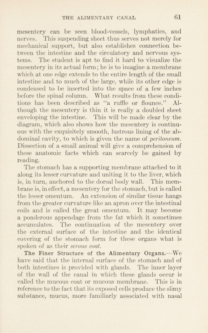 mesentery can be seen blood-vessels, lymphatics, and nerves. This suspending sheet thus serves not merely for mechanical support, but also establishes connection be- tween the intestine and the circulatory and nervous sys- tems. The student is apt to find it hard to visualize the mesentery in its actual form; he is to imagine a membrane which at one edge extends to the entire length of the small intestine and to much of the large, while its other edge is condensed to be inserted into the space of a few inches before the spinal column. What results from these condi- tions has been described as “a ruffle or flounce.” Al- though the mesentery is thin it is really a doubled sheet enveloping the intestine. This will be made clear by the diagram, which also shows how the mesentery is continu- ous with the exquisitely smooth, lustrous lining of the ab- dominal cavity, to which is given the name of peritoneum. Dissection of a small animal will give a comprehension of these anatomic facts which can scarcely be gained by reading. The stomach has a supporting membrane attached to it along its lesser curvature and uniting it to the liver, which is, in turn, anchored to the dorsal body wall. This mem- brane is, in effect, a mesentery for the stomach, but is called the lesser omentum. An extension of similar tissue hangs from the greater curvature like an apron over the intestinal coils and is called the great omentum. It may become a ponderous appendage from the fat which it sometimes accumulates. The continuation of the mesentery over the external surface of the intestine and the identical covering of the stomach form for these organs what is spoken of as their serous coat. The Finer Structure of the Alimentary Organs.—We have said that the internal surface of the stomach and of both intestines is provided with glands. The inner layer of the wall of the canal in which these glands occur is called the mucous coat or mucous membrane. This is in reference to the fact that its exposed cells produce the slimy substance, mucus, more familiarly associated with nasal