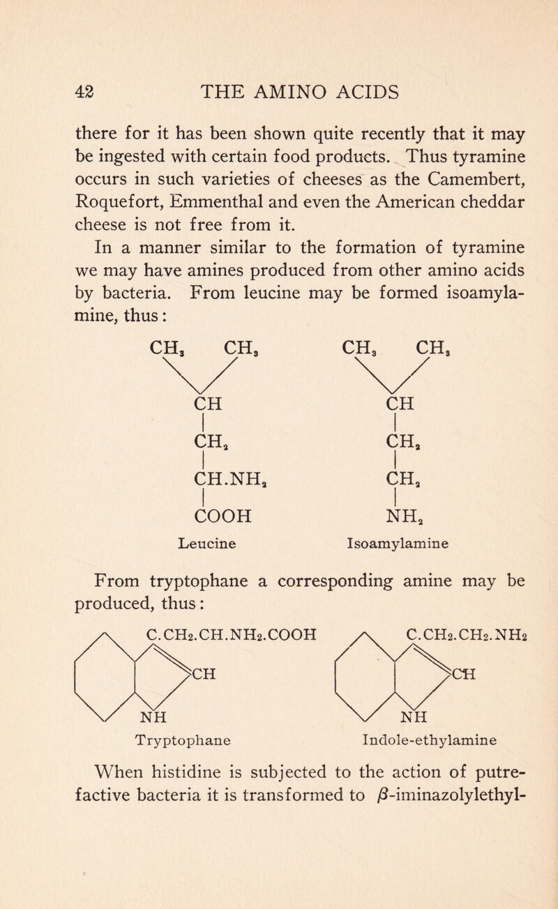 there for it has been shown quite recently that it may be ingested with certain food products. Thus tyramine occurs in such varieties of cheeses as the Camembert, Roquefort, Emmenthal and even the American cheddar cheese is not free from it. In a manner similar to the formation of tyramine we may have amines produced from other amino acids by bacteria. From leucine may be formed isoamyla- mine, thus: ch3 ch3 CHS ch3 CH CH | CH, | CHa CH.NH, CH, COOH NH, Leucine Isoamylamine From tryptophane a corresponding amine may be produced, thus: CXH2.CH.NH2.COOH / \ CXH2.CH2.NH2 j>CH y>CH NH NH Tryptophane Indole-ethylamine When histidine is subjected to the action of putre- factive bacteria it is transformed to /?-iminazolylethyl-