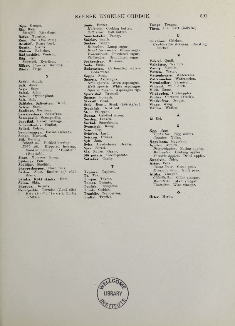 Ripa. Grouse. Ris. Rice. Rismjöl. Rice-flour. Rofva. Turnips. Rom. Roe (fisk rom). Rostbiff. Roast beef. Russin. Raisins. Rädisor. Radishes. Rådjurskött. Venison. Råg. Rye. Rågmjöl. Rye-flour. Räkor. Prawns. Shrimps. Ränta. Tripe. S Sadel. Saddle. Saft. Juice. Sago. Sago. Salad. Salad. Salsofi. Oyster-plant. Salt. Salt- Saltlake. Saltvatten. Brine. Salvia. Sage. Sardiner. Sardines. Sassafrasbark. Sassafras. Sassaparill. Sarsaparilla. Savojkål. Savoy cabbage. Schalottenlök. Shallot. Selleri. Celery. Semolinagryn. Farina (wheat). Senap. Mustard. Sill. Herring. Iiüagâ sill. Pickled herring. Rökt sill. Kippered herring. Smoked herring. “Bloater” (Engelsk). Sirap. Molasses. Sirup. Sjötunga. Sole. Skaldjur. Shellfish. Skeppsskorpor. Hard tack. Skifva. Slice. Rasher (af rökt fläsk). Skinka. Rökt skinka. Ham. Skinn. Skin. Skorpor. Biscuits. Sköldpadda. Tortoise (Land eller Färsk-V ättens-). Turtle (Hafs-). Smör. Butter. Matsmör. Cooking butter. Salt smör. Salt butter. Smörbakelse. Pastry. Sniglar. Snails. Socker. Sugar. Bitsocker. Lump sugar. Brunt furinsocker. Brown sugar. Pudersocker. Powdered sugar. Strösocker. Granulated sugar. Sockersirap. Molasses. Soda. Soda. Sodavatten. Carbonated waters. Soda-water. Soppa. Soup. Sparris. Asparagus. Grön sparris. Green asparagus. Hvit sparris. White asparagus. Sparris toppar. Asparagus tips. Sparriskål. Broccoli. Spenat. Spinach. Staksill. Shad. Stek. Roast. Steak (köttskifva). Stockfisk. Dried cod. Stör. Sturgeon. Succat. Candied citron. Surdeg. Leaven. Surkål. Sauerkraut. Svansstek. Rump. Svin. Pig. Svinfett. Lard. Sviskon. Prunes. Sylt. Jam. Sylta. Head-cheese. Brawn. Syra. Sorrel. Sås. Sauce. Gravy. Söt potatis. Sweet-potato. Sötsaker. Candy. T Tapioca. Tapioca. Te. Tea. Timjan. Thyme. Tomat. Tomato. Tonfisk. Tunny-fish. Torsk. Codfish. Tranbär. Cranberries. Tryffel. Truffles. Tunga. Tongue. Tårta. Pie. Tart (bakelse). U Unghöns. Chicken. tJngliöns för stekning. Roasting chicken. V Vaktel. Quail. Valnötter. Walnuts. Vanilj. Vanilla. Vatten. Water. Vattenkrasse. Watercress. Vattenmelon. Watermelon. Vermiceller. Vermicelli. Vildand. Wild duck. Vildt. Game. Vildäpplen. Crab-apples. Vinbär. Currants (fresh). Vindrufvor. Grapes. Vinge. Wing. Våfflor. Waffles. Å Å1. Eel. Ä Ägg. Eggs. Ägghvitor. Egg whites. Äggulor. Yolks. Äggplanta. Eggplant. Äpplen. Apples. Dessertäpplen. Eating apples. Matäpplen. Cooking apples. Torkade äpplen. Dried apples. Äppelvin. Cider. Ärter. Peas. Gröna ärter. Green peas. Krossade ärter. Split peas. Ättika. Vinegar. Ciderättika. Cider vinegar. Maltättika. Malt vinegar. Vinättika. Wine vinegar. Ö Örter. Herbs.