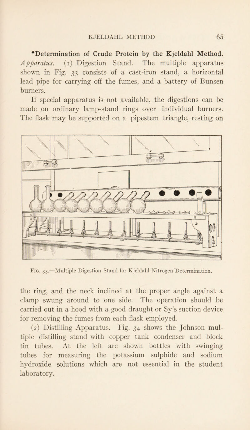 ■^Determination of Crude Protein by the Kjeldahl Method. Apparatus. (i) Digestion Stand. The multiple apparatus shown in Fig. 33 consists of a cast-iron stand, a horizontal lead pipe for carrying off the fumes, and a battery of Bunsen burners. If special apparatus is not available, the digestions can be made on ordinary lamp-stand rings over individual burners. The flask may be supported on a pipestem triangle, resting on the ring, and the neck inclined at the proper angle against a clamp swung around to one side. The operation should be carried out in a hood with a good draught or Sy’s suction device for removing the fumes from each flask employed. (2) Distilling Apparatus. Fig. 34 shows the Johnson mul- tiple distilling stand with copper tank condenser and block tin tubes. At the left are shown bottles with swinging tubes for measuring the potassium sulphide and sodium hydroxide solutions which are not essential in the student laboratory.