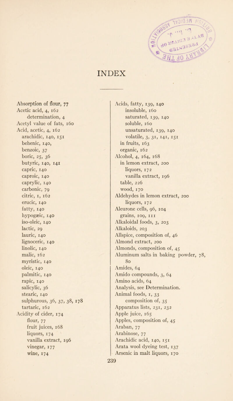 INDEX A**'. a38»»a^<N 3 HI dO D'i; Absorption of flour, 77 Acetic acid, 4, 162 determination, 4 Acetyl value of fats, 160 Acid, acetic, 4, 162 arachidic, 140, 151 behenic, 140, benzoic, 37 boric, 25, 36 butyric, 140, 141 capric, 140 caproic, 140 caprylic, 140 carbonic, 79 citric, 1, 162 erucic, 140 fatty, 140 hypogseic, 140 iso-oleic, 140 lactic, 29 lauric, 140 lignoceric, 140 linolic, 140 malic, 162 myristic, 140 oleic, 140 palmitic, 140 rapic, 140 salicylic, 36 stearic, 140 sulphurous, 36, 37, 38, 178 tartaric, 162 Acidity of cider, 174 flour, 77 fruit juices, 168 liquors, 174 vanilla extract, 196 vinegar, 177 wine, 174 Acids, fatty, 139, 140 insoluble, 160 saturated, 139, 140 soluble, 160 unsaturated, 139, 140 volatile, 3, 31, 141, 151 in fruits, 163 organic, 162 Alcohol, 4, 164, 168 in lemon extract, 200 liquors, 172 vanilla extract, 196 table, 226 wood, 170 Aldehydes in lemon extract, 200 liquors, 172 Aleurone cells, 96, 104 grains, 109, in Alkaloidal foods, 3, 203 Alkaloids, 203 Allspice, composition of, 46 Almond extract, 200 Almonds, composition of, 45 Aluminum salts in baking powder, 78, 80 Amides, 64 Amido compounds, 3, 64 Amino acids, 64 Analysis, see Determination. Animal foods, 1, 33 composition of, 35 Apparatus lists, 231, 232 Apple juice, 165 Apples, composition of, 45 Araban, 77 Arabinose, 77 Arachidic acid, 140, 151 Arata wool dyeing test, 137 Arsenic in malt liquors, 170