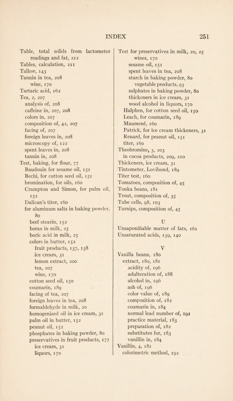 Table, total solids from lactometer readings and fat, 212 Tables, calculation, 211 Tallow, 143 Tannin in tea, 208 wine, 170 Tartaric acid, 162 Tea, 2, 207 analysis of, 208 caffeine in, 207, 208 colors in, 207 composition of, 42, 207 facing of, 207 foreign leaves in, 208 microscopy of, 122 spent leaves in, 208 tannin in, 208 Test, baking, for flour, 77 Baudouin for sesame oil, 151 Bechi, for cotton seed oil, 151 bromination, for oils, 160 Crampton and Simon, for palm oil, 152 Dalican’s titer, 160 for aluminum salts in baking powder, 80 beef stearin, 152 borax in milk, 25 boric acid in milk, 25 colors in butter, 152 fruit products, 137, 138 ice cream, 31 lemon extract, 200 tea, 207 wine, 170 cotton seed oil, 150 coumarin, 189 facing of tea, 207 foreign leaves in tea, 208 formaldehyde in milk, 20 homogenized oil in ice cream, 31 palm oil in butter, 152 peanut oil, 152 phosphates in baking powder, 80 preservatives in fruit products, 177 ice cream, 31 liquors, 170 Test for preservatives in milk, 20, 25 wines, 170 sesame oil, 151 spent leaves in tea, 208 starch in baking powder, 80 vegetable products, 93 sulphates in baking powder, 80 thickeners in ice cream, 31 wood alcohol in liquors, 170 Halphen, for cotton seed oil, 150 Leach, for coumarin, 189 Maumene, 160 Patrick, for ice cream thickeners, 31 Renard, for peanut oil, 151 titer, 160 Theobromine, 3, 203 in cocoa products, 209, 210 Thickeners, ice cream, 31 Tintometer, Lovibond, 189 Titer test, 160 Tomatoes, composition of, 45 Tonka beans, 181 Trout, composition of, 35 Tube cells, 98, 103 Turnips, composition of, 45 U Unsaponifiable matter of fats, 161 Unsaturated acids, 139, 140 V Vanilla beans, 180 extract, 180, 181 acidity of, 196 adulteration of, 188 alcohol in, 196 ash of, 196 color value of, 189 composition of, 182 coumarin in, 184 normal lead number of, 191 practice material, 183 preparation of, 182 substitutes for, 183 vanillin in, 184 Vanillin, 4, 181 colorimetric method, 192