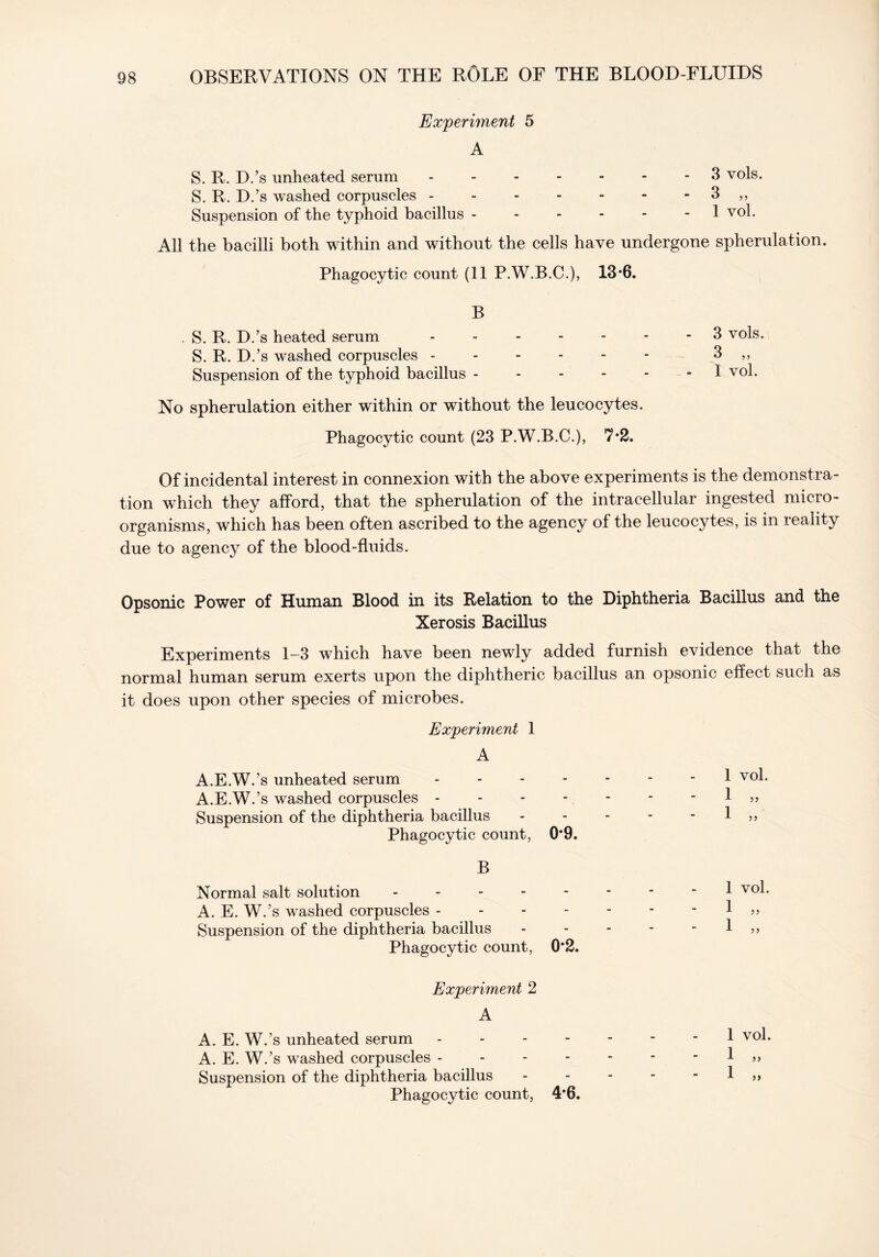 Experiment 5 A S. R. D.’s unheated, serum 3 vols. S. R. D.’s washed corpuscles 3 ,, Suspension of the typhoid bacillus 1 vol. All the bacilli both within and without the cells have undergone spherulation. Phagocytic count (11 P.W.B.C.), 13*6. B . S. R. D.’s heated serum 3 vols. S. R. D.’s washed corpuscles 3 ,, Suspension of the typhoid bacillus - - - - - 1 v°f No spherulation either within or without the leucocytes. Phagocytic count (23 P.W.B.C.), 7*2. Of incidental interest in connexion with the above experiments is the demonstra- tion which they afford, that the spherulation of the intracellular ingested micro- organisms, which has been often ascribed to the agency of the leucocytes, is in reality due to agency of the blood-fluids. Opsonic Power of Human Blood in its Relation to the Diphtheria Bacillus and the Xerosis Bacillus Experiments 1-3 which have been newly added furnish evidence that the normal human serum exerts upon the diphtheric bacillus an opsonic effect such as it does upon other species of microbes. Experiment 1 A A.E.W.’s unheated serum - A.E.W.’s washed corpuscles - Suspension of the diphtheria bacillus Phagocytic count, 0*9. B Normal salt solution A. E. W.’s washed corpuscles - Suspension of the diphtheria bacillus Phagocytic count, 0*2. Experiment 2 A A. E. W.’s unheated serum - A. E. W.’s washed corpuscles - Suspension of the diphtheria bacillus Phagocytic count, 4*6. 1 vol. 1 vol.