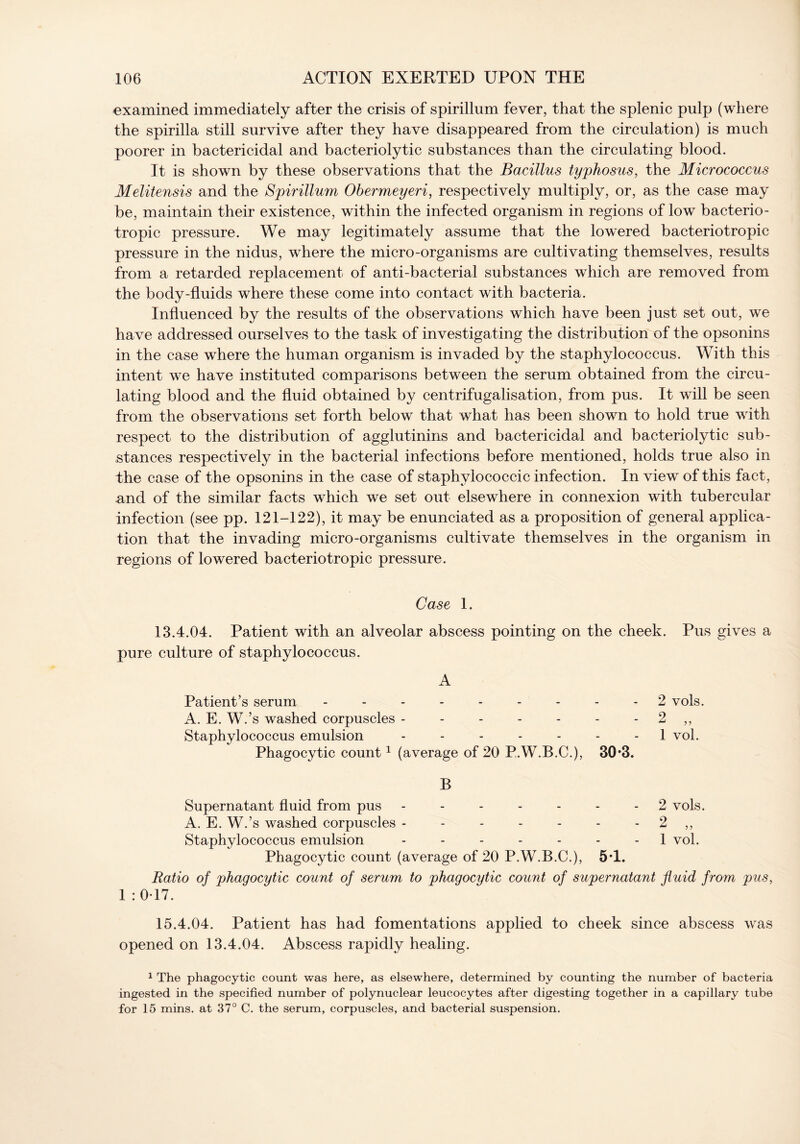 examined immediately after the crisis of spirillum fever, that the splenic pulp (where the spirilla still survive after they have disappeared from the circulation) is much poorer in bactericidal and bacteriolytic substances than the circulating blood. It is shown by these observations that the Bacillus typhosus, the Micrococcus Melitensis and the Spirillum Obermeyeri, respectively multiply, or, as the case may be, maintain their existence, within the infected organism in regions of low bacterio- tropic pressure. We may legitimately assume that the lowered bacteriotropic pressure in the nidus, where the micro-organisms are cultivating themselves, results from a retarded replacement of anti-bacterial substances which are removed from the body-fluids where these come into contact with bacteria. Influenced by the results of the observations which have been just set out, we have addressed ourselves to the task of investigating the distribution of the opsonins in the case where the human organism is invaded by the staphylococcus. With this intent we have instituted comparisons between the serum obtained from the circu- lating blood and the fluid obtained by centrifugalisation, from pus. It will be seen from the observations set forth below that what has been shown to hold true with respect to the distribution of agglutinins and bactericidal and bacteriolytic sub- stances respectively in the bacterial infections before mentioned, holds true also in the case of the opsonins in the case of staphylococcic infection. In view of this fact, and of the similar facts which we set out elsewhere in connexion with tubercular infection (see pp. 121-122), it may be enunciated as a proposition of general applica- tion that the invading micro-organisms cultivate themselves in the organism in regions of lowered bacteriotropic pressure. Case 1. 13.4.04. Patient with an alveolar abscess pointing on the cheek. Pus gives a pure culture of staphylococcus. A Patient’s serum --------- 2 vols. A. E. W.’s washed corpuscles - - - - - - - 2 ,, Staphylococcus emulsion ------- 1 vol. Phagocytic count1 (average of 20 P.W.B.C.), 30*3. B Supernatant fluid from pus ....... 2 vols. A. E. W.’s washed corpuscles - - - - - - - 2 ,, Staphylococcus emulsion ------- 1 vol. Phagocytic count (average of 20 P.W.B.C.), 5T. Ratio of phagocytic count of serum to phagocytic count of supernatant fluid from pus, 1 : 0 17. 15.4.04. Patient has had fomentations applied to cheek since abscess was opened on 13.4.04. Abscess rapidly healing. 1 The phagocytic count was here, as elsewhere, determined by counting the number of bacteria ingested in the specified number of polynuclear leucocytes after digesting together in a capillary tube for 15 mins, at 37° C. the serum, corpuscles, and bacterial suspension.