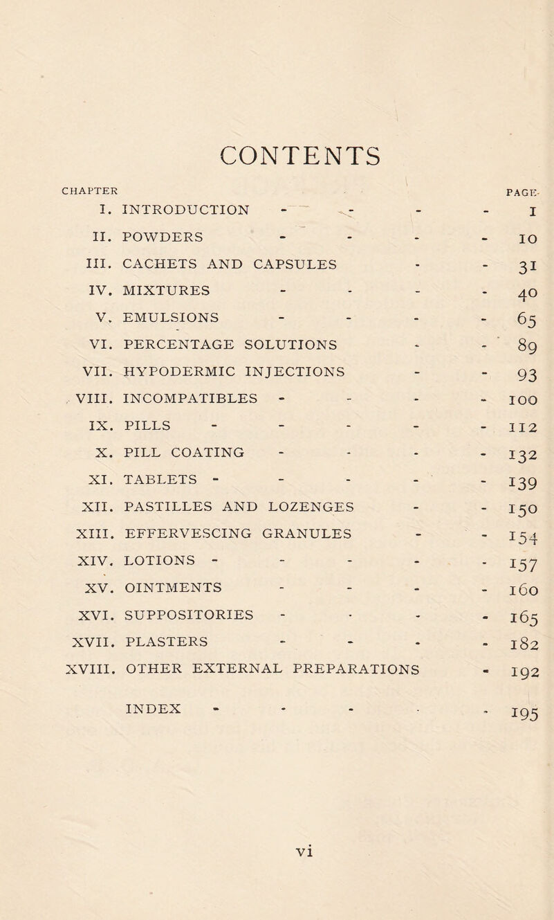 CONTENTS CHAPTER I. INTRODUCTION - - PAGE- I II. POWDERS - - IO III. CACHETS AND CAPSULES - - 31 IV. MIXTURES - - AO 1 V. EMULSIONS - - 65 VI. PERCENTAGE SOLUTIONS - - 89 VII. HYPODERMIC INJECTIONS - - 93 VIII. INCOMPATIBLES - - - 100 IX. PILLS - - 112 X. PILL COATING - - 132 XI. TABLETS - - - 139 XII. PASTILLES AND LOZENGES - - 150 XIII. EFFERVESCING GRANULES - - 154 XIV. LOTIONS - - - 157 XV. OINTMENTS - - 160 XVI. SUPPOSITORIES - - 165 XVII. PLASTERS - m 182 XVIII. OTHER EXTERNAL PREPARATIONS m 192 INDEX - 195