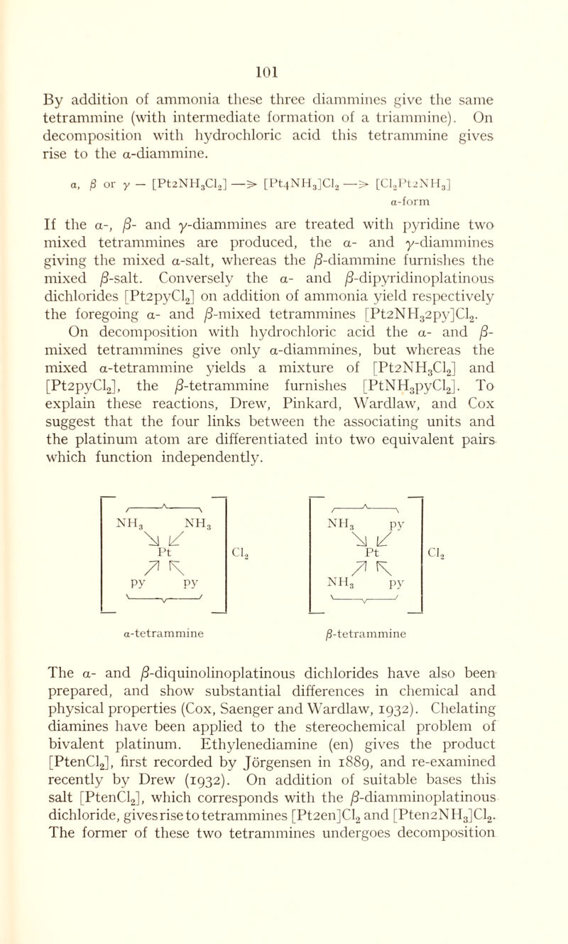 By addition of ammonia these three diammines give the same tetrammine (with intermediate formation of a triammine). On decomposition with hydrochloric acid this tetrammine gives rise to the a-diammine. a, ,8 or y - [Pt2NH3Clo] — > [Pt4NH3]Cl2 — > [Cl2Pt2NH3] a-form If the a-, /3- and y-diammines are treated with pyridine two mixed tetrammines are produced, the a- and y-diammines giving the mixed a-salt, whereas the /3-diammine furnishes the mixed /3-salt. Conversely the a- and /3-dipyridinoplatinous dichlorides [Pt2pyCl2] on addition of ammonia yield respectively the foregoing a- and /3-mixed tetrammines [Pt2NH32py]Cl2. On decomposition with hydrochloric acid the a- and /3- mixed tetrammines give only a-diammines, but whereas the mixed a-tetrammine yields a mixture of [Pt2NH3Cl2] and [Pt2pyCl,], the /3-tetrammine furnishes [PtNH3pyCl2]. To explain these reactions, Drew, Pinkard, Wardlaw, and Cox suggest that the four links between the associating units and the platinum atom are differentiated into two equivalent pairs which function independently. A / \ NH, NH3 / \ NH, py ^ 1/ Pt Cl. Pt 7^ \ 71 \ py py NH3 py V V a-tetrammine /3-tetrammine The a- and /3-diquinolinoplatinous dichlorides have also been prepared, and show substantial differences in chemical and physical properties (Cox, Saenger and Wardlaw, 1932). Chelating diamines have been applied to the stereochemical problem of bivalent platinum. Ethylenediamine (en) gives the product [PtenCl2], first recorded by Jorgensen in 1889, and re-examined recently by Drew (1932). On addition of suitable bases this salt [PtenCl2], which corresponds with the /3-diamminoplatinous dichloride, gives rise to tetrammines [Pt2en]Cl2 and [Pten2NH3]Cl2. The former of these two tetrammines undergoes decomposition