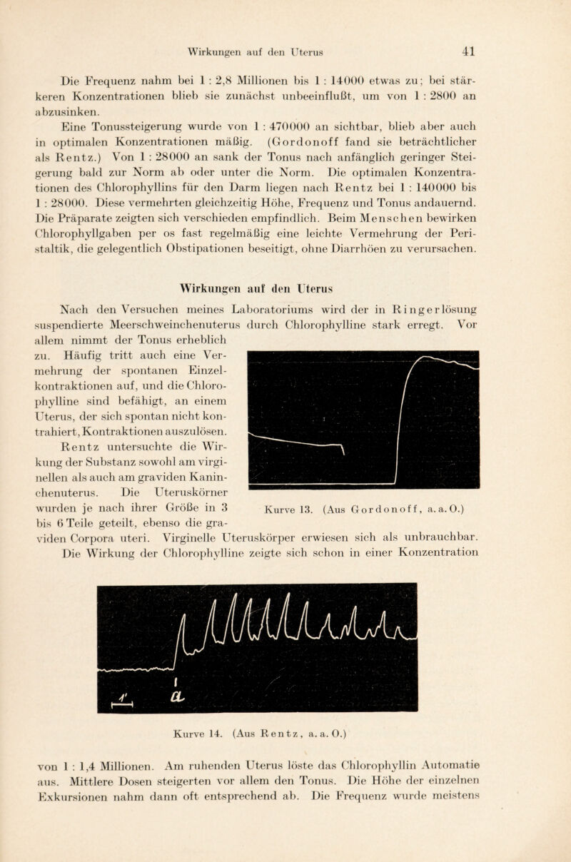 Die Frequenz nahm bei 1 : 2,8 Millionen bis 1 : 14000 etwas zu; bei stär- keren Konzentrationen blieb sie zunächst unbeeinflußt, um von 1 : 2800 an abzusinken. Eine Tonussteigerung wurde von 1 : 470000 an sichtbar, blieb aber auch in optimalen Konzentrationen mäßig. (Gordonoff fand sie beträchtlicher als Rentz.) V on 1 : 28000 an sank der Tonus nach anfänglich geringer Stei- gerung bald zur Norm ab oder unter die Norm. Die optimalen Konzentra- tionen des Chlorophyllins für den Darm liegen nach Rentz bei 1 : 140000 bis 1 : 28000. Diese vermehrten gleichzeitig Höhe, Frequenz und Tonus andauernd. Die Präparate zeigten sich verschieden empfindlich. Beim Menschen bewirken Chlorophyllgaben per os fast regelmäßig eine leichte Vermehrung der Peri- staltik, die gelegentlich Obstipationen beseitigt, ohne Diarrhöen zu verursachen. Wirkungen auf den Uterus Nach den Versuchen meines Laboratoriums wird der in Ringerlösung suspendierte Meerschweinchenuterus durch Chlorophylline stark erregt. Vor allem nimmt der Tonus erheblich zu. Häufig tritt auch eine Ver- mehrung der spontanen Einzel- kontraktionen auf, und die Chloro- phylline sind befähigt, an einem Uterus, der sich spontan nicht kon- trahiert, Kontraktionen auszulösen. Rentz untersuchte die Wir- kung der Substanz sowohl am virgi- nellen als auch am graviden Kanin- chenuterus. Die Uteruskörner wurden je nach ihrer Größe in 3 Kurve 13. (Aus Gordonoff, a.a. O.) bis 6 Teile geteilt, ebenso die gra- viden Corpora uteri. Virginelle Uteruskörper erwiesen sich als unbrauchbar. Die Wirkung der Chlorophylline zeigte sich schon in einer Konzentration von 1 : 1,4 Millionen. Am ruhenden Uterus löste das Chlorophyllin Automatie aus. Mittlere Dosen steigerten vor allem den Tonus. Die Höhe der einzelnen Exkursionen nahm dann oft entsprechend ab. Die Frequenz wurde meistens