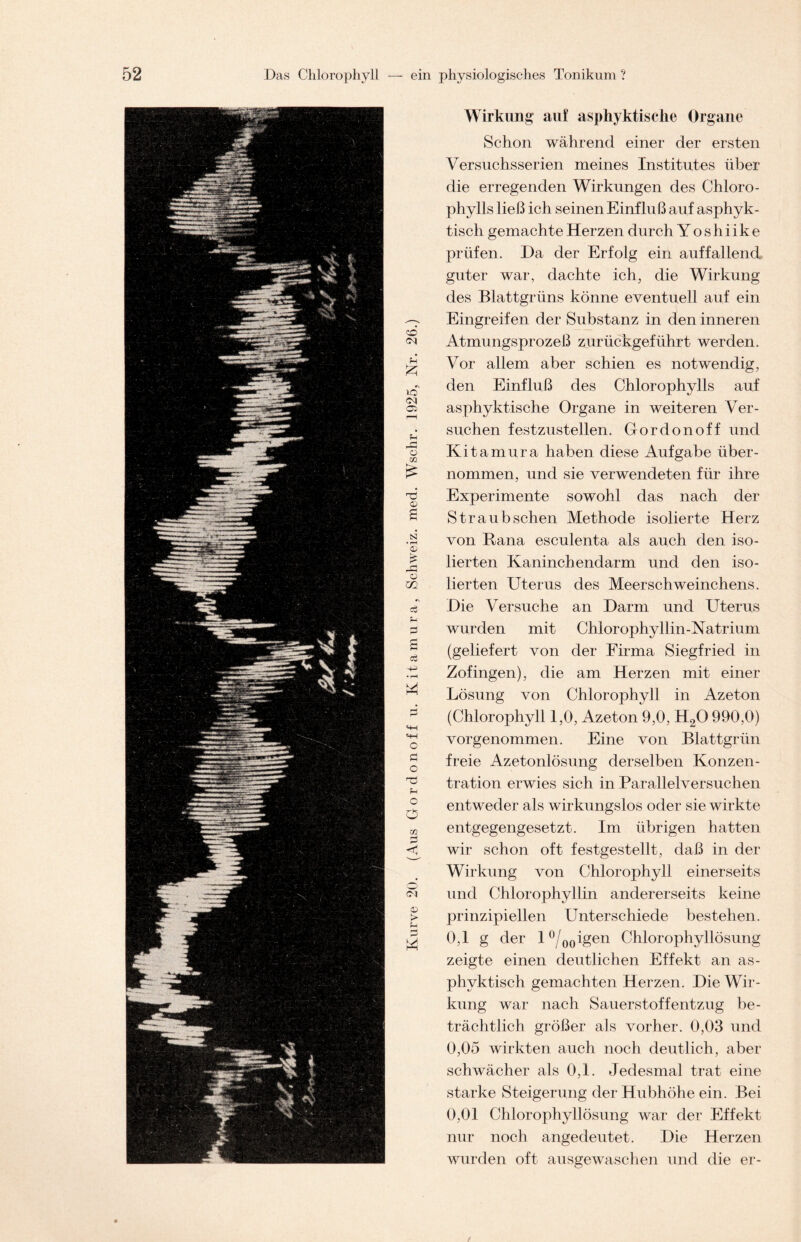 Wirkung auf asphyktische Organe Schon während einer der ersten Versuchsserien meines Institutes über die erregenden Wirkungen des Chloro- phylls ließ ich seinen Einfluß auf asphyk- tisch gemachte Herzen durch Yoshiike prüfen. Da der Erfolg ein auffallend guter war, dachte ich, die Wirkung des Blattgrüns könne eventuell auf ein Eingreifen der Substanz in den inneren Atmungsprozeß zurückgeführt werden. Vor allem aber schien es notwendig, den Einfluß des Chlorophylls auf asphyktische Organe in weiteren Ver- suchen festzustellen. Gordonoff und Kitamura haben diese Aufgabe über- nommen, und sie verwendeten für ihre Experimente sowohl das nach der Straubschen Methode isolierte Herz von Kana esculenta als auch den iso- lierten Kaninchendarm und den iso- lierten Uterus des Meerschweinchens. Die Versuche an Darm und Uterus wurden mit Chlorophyllin-Natrium (geliefert von der Firma Siegfried in Zofingen), die am Herzen mit einer Lösung von Chlorophyll in Azeton (Chlorophyll 1,0, Azeton 9,0, H20 990,0) vorgenommen. Eine von Blattgrün freie Azetonlösung derselben Konzen- tration erwies sich in Parallelversuchen entweder als wirkungslos oder sie wirkte entgegengesetzt. Im übrigen hatten wir schon oft festgestellt, daß in der Wirkung von Chlorophyll einerseits und Chlorophyllin andererseits keine prinzipiellen Unterschiede bestehen. 0,1 g der l°/00igen Chlorophyllösung zeigte einen deutlichen Effekt an as- phvktisch gemachten Herzen. Die Wir- kung war nach Sauerstoff ent zug be- trächtlich größer als vorher. 0,03 und 0,05 wirkten auch noch deutlich, aber schwächer als 0,1. Jedesmal trat eine starke Steigerung der Hubhöhe ein. Bei 0,01 Chlorophyllösung war der Effekt nur noch angedeutet. Die Herzen wurden oft ausgewaschen und die er- /