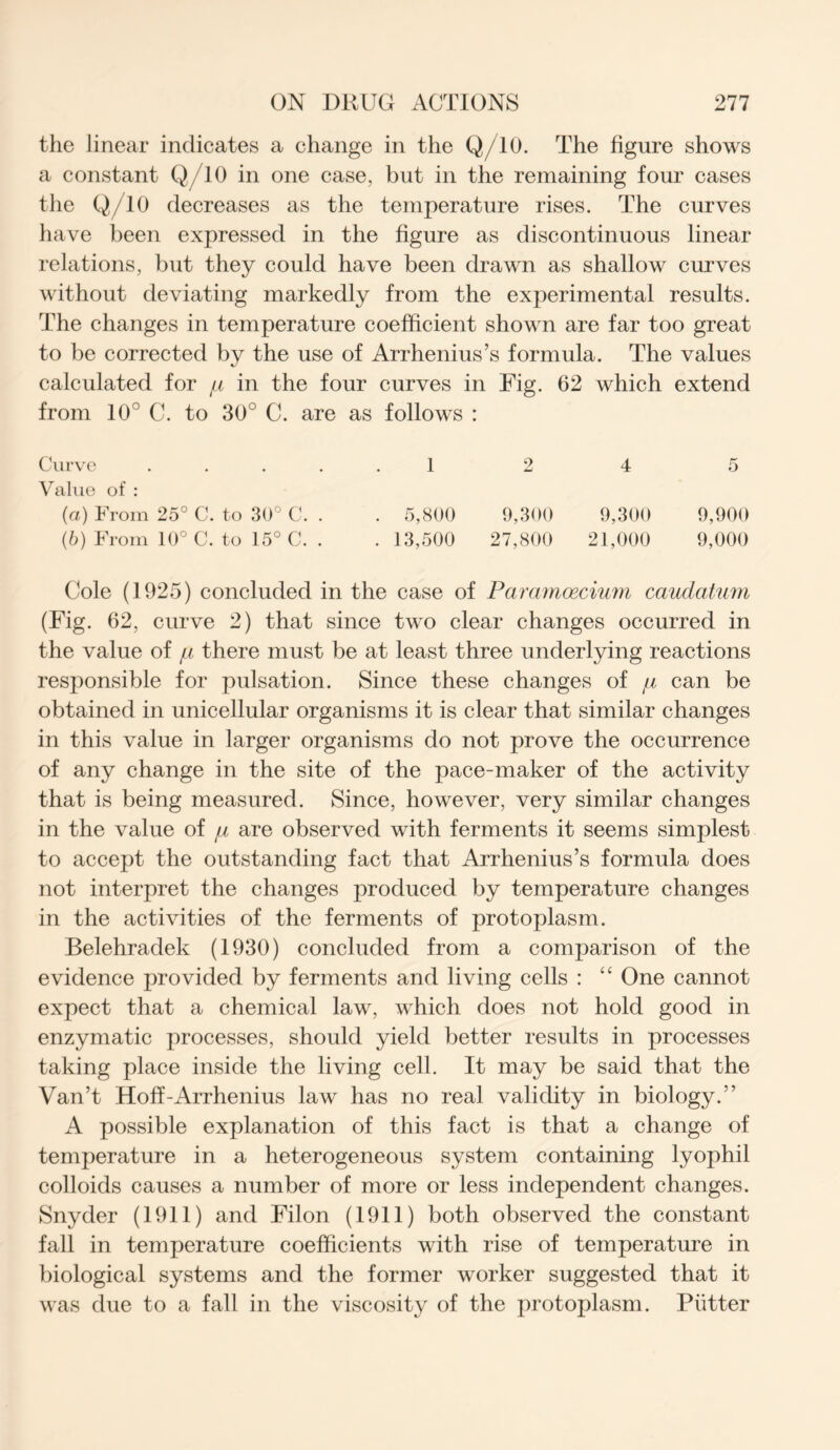 the linear indicates a change in the Q/10. The figure shows a constant Q/10 in one case, but in the remaining four cases the Q/10 decreases as the temperature rises. The curves have been expressed in the figure as discontinuous linear relations, but they could have been drawn as shallow curves without deviating markedly from the experimental results. The changes in temperature coefficient shown are far too great to be corrected by the use of Arrhenius’s formula. The values calculated for /u in the four curves in Fig. 62 which extend from 10° C. to 30° C. are as follows : Curve ..... 1 2 4 5 Value of : (а) From 25° C. to 30° C. . . 5,800 9,300 9,300 9,900 (б) From 10° C. to 15° C. . . 13,500 27,800 21,000 9,000 Cole (1925) concluded in the case of Paramoecium caudatum (Fig. 62, curve 2) that since two clear changes occurred in the value of /li there must be at least three underlying reactions responsible for pulsation. Since these changes of /% can be obtained in unicellular organisms it is clear that similar changes in this value in larger organisms do not prove the occurrence of any change in the site of the pace-maker of the activity that is being measured. Since, however, very similar changes in the value of /z are observed with ferments it seems simplest to accept the outstanding fact that Arrhenius’s formula does not interpret the changes produced by temperature changes in the activities of the ferments of protoplasm. Belehradek (1930) concluded from a comparison of the evidence provided by ferments and living cells : “ One cannot expect that a chemical law, which does not hold good in enzymatic processes, should yield better results in processes taking place inside the living cell. It may be said that the Van’t Hoff-Arrhenius law has no real validity in biology.” A possible explanation of this fact is that a change of temperature in a heterogeneous system containing lyophil colloids causes a number of more or less independent changes. Snyder (1911) and Filon (1911) both observed the constant fall in temperature coefficients with rise of temperature in biological systems and the former worker suggested that it was due to a fall in the viscosity of the protoplasm. Putter