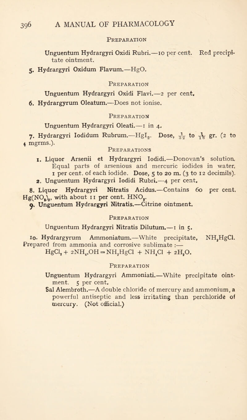 Preparation Unguentum Hydrargyri Oxidi Rubri.—lo per cent. Red precipi- tate ointment. 5. Hydrargyri Oxidum Flavum.—HgO. Preparation Unguentum Hydrargyri Oxidi Flavi.—2 per cent, 6. Hydrargyrum Oleatum,—Does not ionise. Preparation Unguentum Hydrargyri Oleati.—i in 4. 7. Hydrargyri lodidum Rubrum.—Hgig. Dose, ^ to gr. (2 to 4 mgrms.). Preparations 1. Liquor Arsenii et Hydrargyri lodidi.—Donovan’s solutioa Equal parts of arsenious and mercuric iodides in water, I per cent, of each iodide. Dose, 5 to 20 m. (3 to 12 decimils). 2. Unguentum Hydrargyri lodidi RubrL—4 per cent, 8. Liquor Hydrargyri Nitratis Acidus.—Contains 60 per cent. Hg(NO,),, with about 11 per cent. HNO,. Unguentum Hydrargyri Nitratis.—Citrine ointment. Preparation Unguentum Hydrargyri Nitratis Dilutum.—i in 5. lo. Hydrargyrum Ammoniatum.—White precipitate, NH^HgCl. Prepared from ammonia and corrosive sublimate :— HgCl,+ 2NH„OH-NH2HgCl + NHp + 2H,0. Preparation Unguentum Hydrargyri Ammoniati.—White precipitate oint- ment. 5 per cent. Sal Alembroth.—A double chloride of mercury and ammonium, a powerful antiseptic and less irritating than perchloride of mercury. (Not official.)