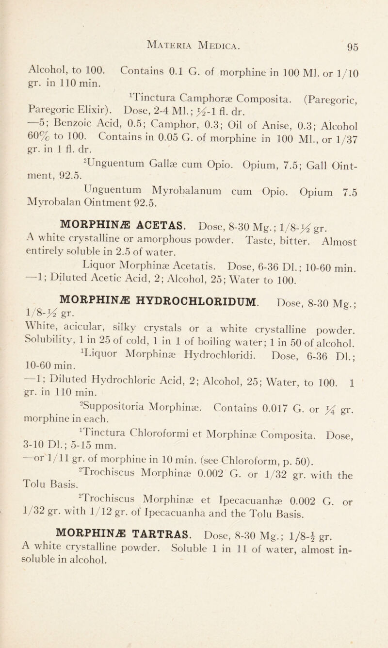 Alcohol, to 100. Contains 0.1 G. of morphine in 100 Ml. or 1/10 gr. in 110 min. ]Tinctura Camphorae Composita. (Paregoric, Paregoric Elixir). Dose, 2-4 Ml.; y2-\ fl. dr. —5; Benzoic Acid, 0.5; Camphor, 0.3; Oil of Anise, 0.3; Alcohol 60% to 100. Contains in 0.05 G. of morphine in 100 Ml., or 1/37 gr. in 1 fl. dr. 2Unguentum Gallae cum Opio. Opium, 7.5; Gall Oint- ment, 92.5. Unguentum Myrobalanum cum Opio. Opium 7.5 Myrobalan Ointment 92.5. MORPHINE ACETAS. Dose, 8-30 Mg.; 1/8-lAgr. A white crystalline or amorphous powder. Taste, bitter. Almost entirely soluble in 2.5 of water. Liquor Morphinae Acetatis. Dose, 6-36 Dl.; 10-60 min. —1; Diluted Acetic Acid, 2; Alcohol, 25; Water to 100. MORPHINE HYDROCHLORIDUM Dose 8-30 Me • 1/8-jA gr. White, acicular, silky crystals or a white crystalline powder. Solubility, 1 in 25 of cold, 1 in 1 of boiling water; 1 in 50 of alcohol. xLiquor Morphinae Hydrochloridi. Dose, 6-36 Dl.- 10-60 min. —G Diluted Hydrochloric Acid, 2; Alcohol, 25; Water, to 100. 1 gr. in 110 min. 2Suppositoria Morphinae. Contains 0.017 G. or ^ gr. morphine in each. Minctura C hloroformi et Morphinae Composita. Dose 3-10 Dl.; 5-15 mm. or 1/ 11 gr. of morphine in 10 min. (see Chloroform, p. 50). 2Trochiscus Morphinae 0.002 G. or 1/32 gr. with the Tolu Basis. 2Trochiscus Morphinae et Ipecacuanhas 0.002 G. or 1/32 gr. with 1/12 gr. of Ipecacuanha and the Tolu Basis. MORPHINE TARTRAS. Dose, 8-30 Mg.; 1 /8-J gr. A white crystalline powder. Soluble 1 in 11 of water, almost in- soluble in alcohol.