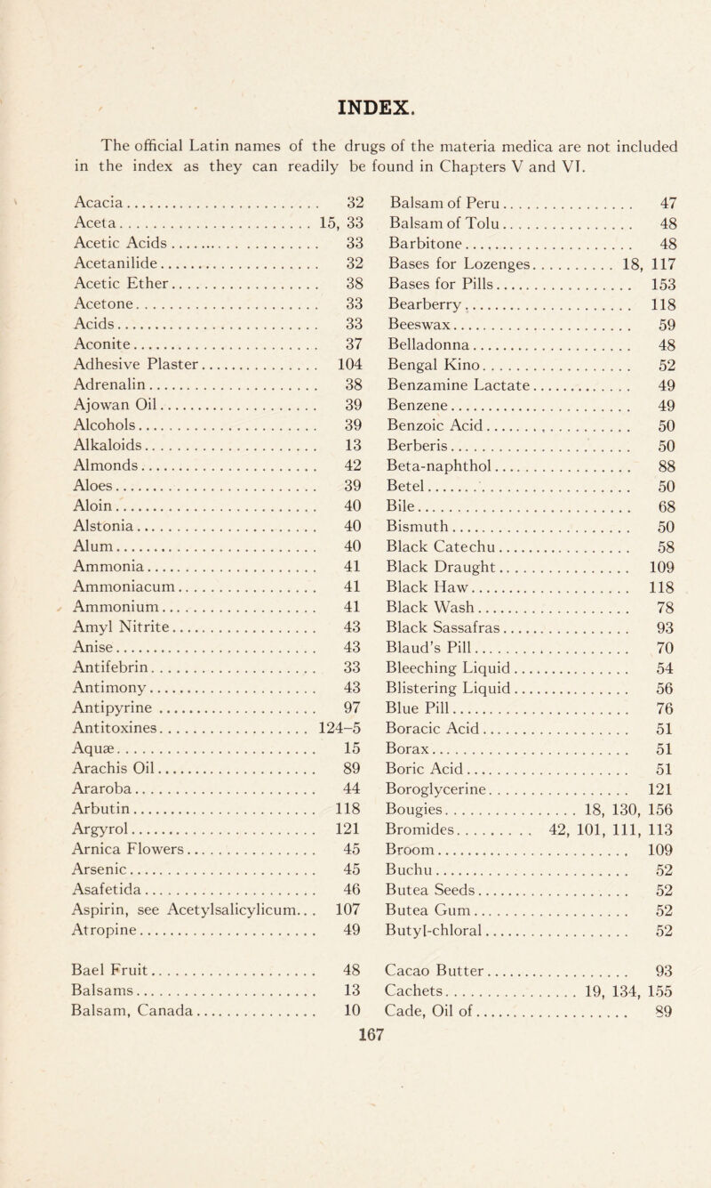 The official Latin names of the drugs of the materia medica are not included in the index as they can readily be found in Chapters V and VI. Acacia 32 Balsam of Peru . . . 47 Aceta 15, 33 Balsam of Tolu . . . 48 Acetic Acids 33 Barbitone . . . 48 Acetanilide 32 Bases for Lozenges. . 18, 117 Acetic Ether . 38 Bases for Pills . . . 153 Acetone 33 Bearberry . .. 118 Acids 33 Beeswax . . . 59 Aconite 37 Belladonna . . . 48 Adhesive Plaster , 104 Bengal Kino 52 Adrenalin . 38 Benzamine Lactate. 49 Ajowan Oil . . 39 Benzene............ 49 Alcohols 39 Benzoic Acid....... . . . 50 Alkaloids . 13 Berberis . . . 50 Almonds . 42 Beta-naphthol...... ... 88 Aloes 39 Betel 50 Aloin . 40 Bile... . . ... 68 Alstonia . 40 Bismuth........... . . . 50 Alum . 40 Black Catechu 58 Ammonia . 41 Black Draught ... 109 Ammoniacum . 41 Black Haw . . . . 118 Ammonium 41 Black Wash 78 Amyl Nitrite . 43 Black Sassafras 93 Anise . 43 Blaud’s Pill... . . . . . 70 Antifebrin . 33 Bleeching Liquid .... . . . 54 Antimony . 43 Blistering Liquid .... . .. 56 Antipyrine 97 Blue Pill......... . . . 76 Antitoxines 124-5 Boracic Acid . . . 51 Aquae 15 Borax . . . 51 Arachis Oil . 89 Boric Acid . . . 51 Araroba 44 Boroglycerine ... 121 Arbutin . 118 Bougies . .... 18, 130, 156 Argyrol . 121 Bromides . . 42, 101, 111, 113 Arnica Flowers . 45 Broom . .. 109 Arsenic . 45 Buchu 52 Asafetida 46 Butea Seeds 52 Aspirin, see Acetylsalicylicum.. . 107 Butea Gum 52 Atropine . 49 Butyl-chloral 52 Bael Fruit . 48 Cacao Butter 93 Balsams 13 Cachets 19, 134, 155 Balsam, Canada 10 Cade, Oil of .. . 89