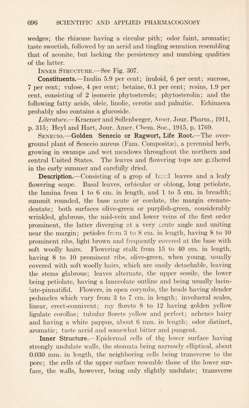 wedges; the rhizome having a circular pith; odor faint, aromatic; taste sweetish, followed by an acrid and tingling sensation resembling that of aconite, but lacking the persistency and numbing qualities of the latter. Inner Structure.—See Fig. 307. Constituents.—Inulin 5.9 per cent; inuloid, 6 per cent; sucrose, 7 per cent; vulose, 4 per cent; betaine, 0.1 per cent; resins, 1.9 per cent, consisting of 2 isomeric phytosterols; phytosterolin; and the following fatty acids, oleic, linolic, cerotic and palmitic. Echinacea probably also contains a glucoside. Literature.—Kraemer and Sollenberger, Amer. Jour. Pharm., 1911, p. 315; Heyl and Hart, Jour. Amer. Chem. Soc., 1915, p. 1769. Senecio.—Golden Senecio or Ragwort, Life Root.—The over- ground plant of Senecio aureus (Fam. Composite), a perennial herb, growing in swamps and wet meadows throughout the northern and central United States. The leaves and flowering tops are gathered in the early summer and carefully dried. Description.—Consisting of a grop of basal leaves and a leafy flowering scape. Basal leaves, orbicular or oblong, long petiolate, the lamina from 1 to 6 cm. in length, and 1 to 5 cm. in breadth; summit rounded, the base acute or cordate, the margin crenate- dentate; both surfaces olive-green or purplish-green, considerably wrinkled, glabrous, the mid-vein and lower veins of the first order prominent, the latter diverging at a very acute angle and uniting near the margin; petioles from 3 to 8 cm. in length, having 8 to 10 prominent ribs, light brown and frequently covered at the base with soft woolly hairs. Flowering stalk from 15 to 40 cm. in length, having 8 to 10 prominent ribs, olive-green, when young, usually covered with soft woolly hairs, which are easily detachable, leaving the stems glabrous; leaves alternate, the upper sessile, the lower being petiolate, having a lanceolate outline and being usually lacin- ^.ate-pinnatifid. Flowers, in open corymbs, the heads having slender peduncles which vary from 3 to 7 cm. in length; involucral scales, linear, erect-connivent; ray florets 8 to 12 having golden yellow ligulate corollas; tubular florets yellow and perfect; achenes hairy and having a white pappus, about 6 mm. in length; odor distinct, aromatic; taste acrid and somewhat bitter and pungent. Inner Structure.— Epidermal cells of thg lower surface having strongly undulate walls, the stomata being narrowly elliptical, about 0.030 mm. in length, the neighboring cells being transverse to the pore; the cells of the upper surface resemble those of the lower sur- face, the walls, however, being only slightly undulate; transverse