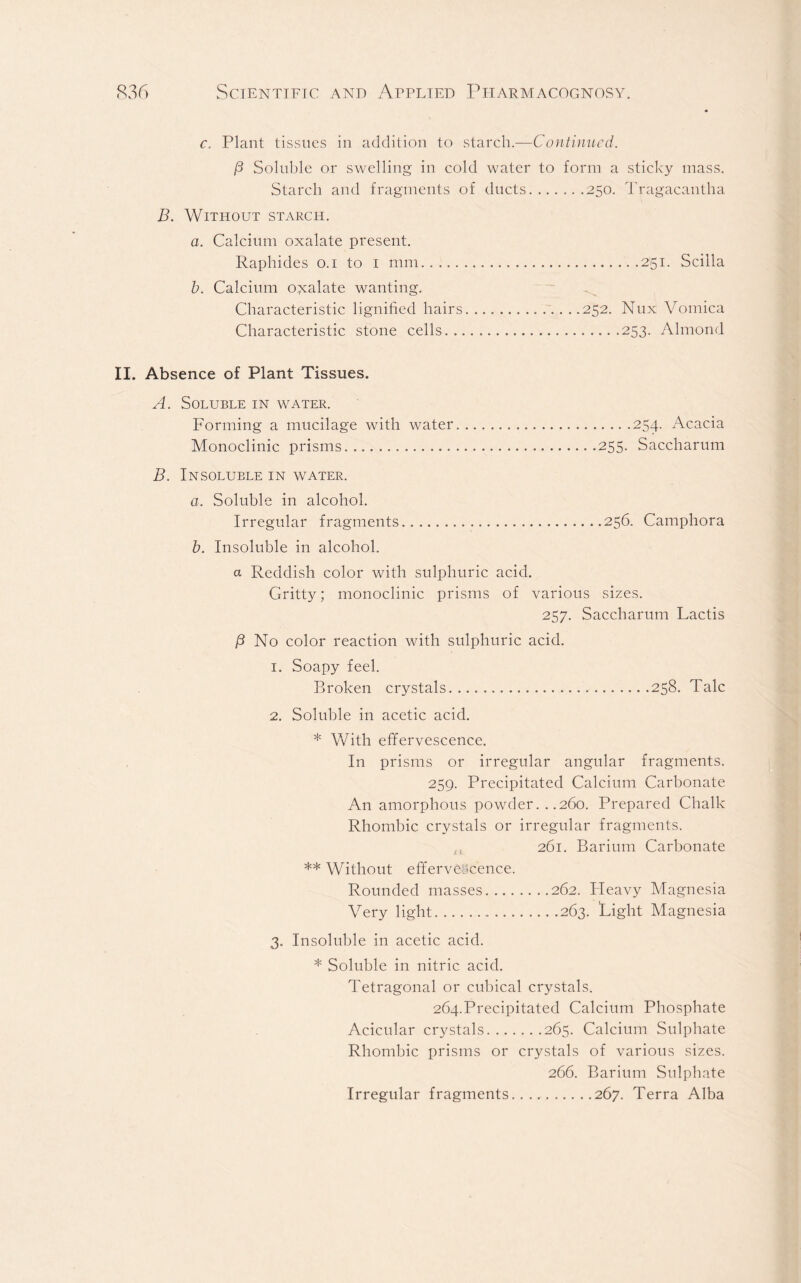 c. Plant tissues in addition to starch.—Continued. (3 Soluble or swelling in cold water to form a sticky mass. Starch and fragments of ducts 250. Tragacantha B. Without starch. a. Calcium oxalate present. Raphides 0.1 to 1 mm 251. Scilla b. Calcium oxalate wanting. Characteristic lignified hairs ..252. Nux Vomica Characteristic stone cells 253. Almond II. Absence of Plant Tissues. A. Soluble in water. Forming a mucilage with water 254. Acacia Monoclinic prisms 255. Saccharum B. Insoluble in water. a. Soluble in alcohol. Irregular fragments 256. Camphora b. Insoluble in alcohol. a Reddish color with sulphuric acid. Gritty; monoclinic prisms of various sizes. 257. Saccharum Lactis /3 No color reaction with sulphuric acid. 1. Soapy feel. Broken crystals 258. Talc 2. Soluble in acetic acid. * With effervescence. In prisms or irregular angular fragments. 259. Precipitated Calcium Carbonate An amorphous powder. . .260. Prepared Chalk Rhombic crystals or irregular fragments. ,, 261. Barium Carbonate ** Without effervescence. Rounded masses 262. Pleavy Magnesia Very light 263. Light Magnesia 3. Insoluble in acetic acid. * Soluble in nitric acid. Tetragonal or cubical crystals. 264.Precipitated Calcium Phosphate Acicular crystals 265. Calcium Sulphate Rhombic prisms or crystals of various sizes. 266. Barium Sulphate 267. Terra Alba Irregular fragments