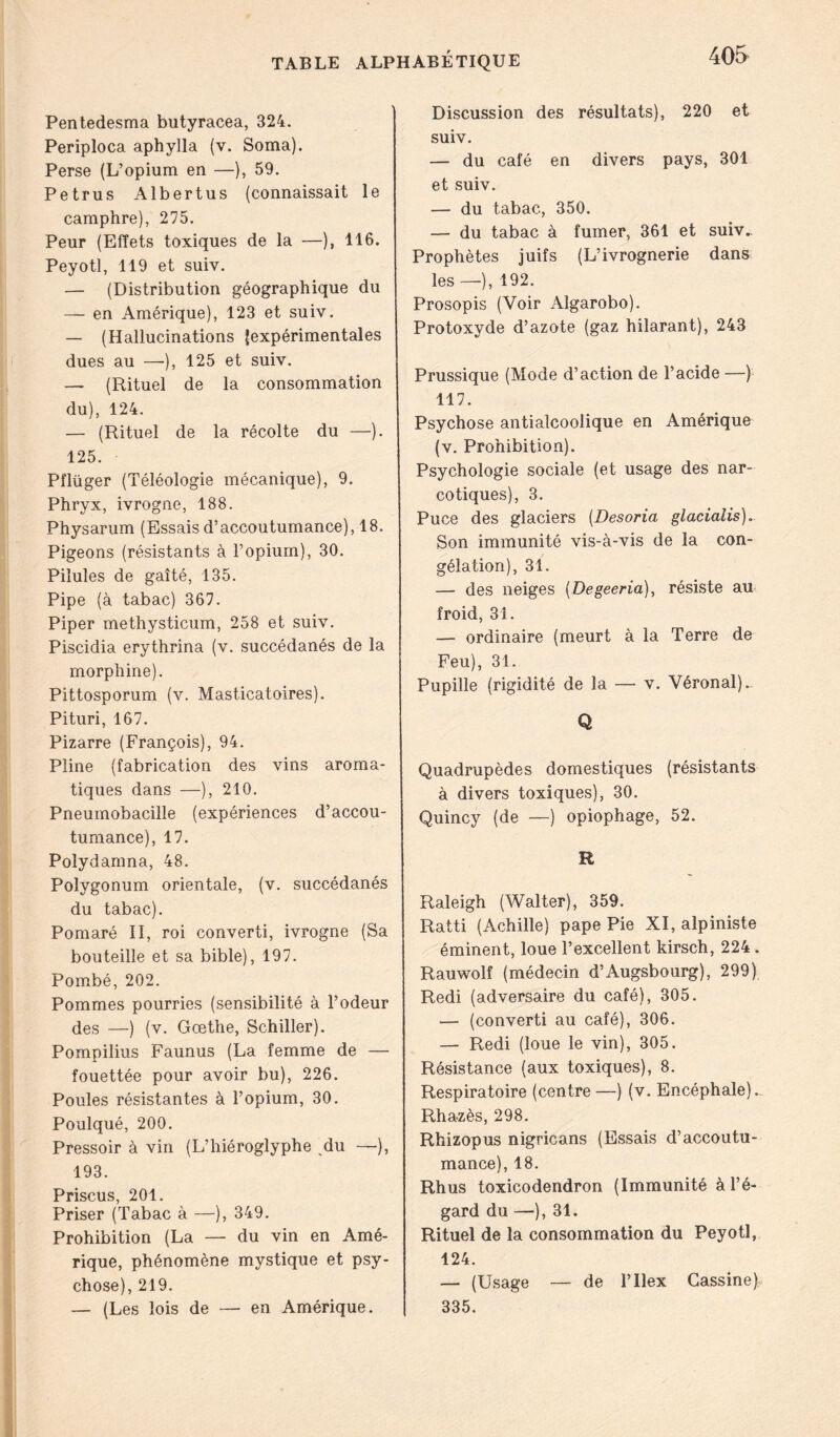 Pentedesma butyracea, 324. Periploca aphylla (v. Soma). Perse (L’opium en —), 59. Petrus Albertus (connaissait le camphre), 275. Peur (Effets toxiques de la —), 116. Peyotl, 119 et suiv. — (Distribution géographique du — en Amérique), 123 et suiv. — (Hallucinations {expérimentales dues au —), 125 et suiv. — (Rituel de la consommation du), 124. — (Rituel de la récolte du —). 125. Pflüger (Téléologie mécanique), 9. Phryx, ivrogne, 188. Physarum (Essaisd’accoutumance), 18. Pigeons (résistants à l’opium), 30. Pilules de gaîté, 135. Pipe (à tabac) 367. Piper methysticum, 258 et suiv. Piscidia erythrina (v. succédanés de la morphine). Pittosporum (v. Masticatoires). Pituri, 167. Pizarre (François), 94. Pline (fabrication des vins aroma- tiques dans —), 210. Pneumobacille (expériences d’accou- tumance), 17. Polydamna, 48. Polygonum orientale, (v. succédanés du tabac). Pomaré II, roi converti, ivrogne (Sa bouteille et sa bible), 197. Pombé, 202. Pommes pourries (sensibilité à l’odeur des —) (v. Gœthe, Schiller). Pompilius Faunus (La femme de — fouettée pour avoir bu), 226. Poules résistantes à l’opium, 30. Poulqué, 200. Pressoir à vin (L’hiéroglyphe Mu —•), 193. Priscus, 201. Priser (Tabac à —), 349. Prohibition (La — du vin en Amé- rique, phénomène mystique et psy- chose), 219. — (Les lois de — en Amérique. Discussion des résultats), 220 et suiv. — du café en divers pays, 301 et suiv. — du tabac, 350. — du tabac à fumer, 361 et suiv.. Prophètes juifs (L’ivrognerie dans les —), 192. Prosopis (Voir Algarobo). Protoxyde d’azote (gaz hilarant), 243 Prussique (Mode d’action de l’acide —) 117. Psychose antialcoolique en Amérique (v. Prohibition). Psychologie sociale (et usage des nar- cotiques), 3. Puce des glaciers (Desoria glacialis).- Son immunité vis-à-vis de la con- gélation), 31. — des neiges (Degeeria), résiste au froid, 31. — ordinaire (meurt à la Terre de Feu), 31. Pupille (rigidité de la — v. Véronal).. Q Quadrupèdes domestiques (résistants à divers toxiques), 30. Quincy (de —) opiophage, 52. R Raleigh (Walter), 359. Ratti (Achille) pape Pie XI, alpiniste éminent, loue l’excellent kirsch, 224 . Rauwolf (médecin d’Augsbourg), 299) Redi (adversaire du café), 305. — (converti au café), 306. — Redi (loue le vin), 305. Résistance (aux toxiques), 8. Respiratoire (centre —) (v. Encéphale).. Rha-zès, 298. Rhizopus nigricans (Essais d’accoutu- mance), 18. Rhus toxicodendron (Immunité à l’é- gard du —), 31. Rituel de la consommation du Peyotl, 124. — (Usage — de l’Ilex Cassine) 335.